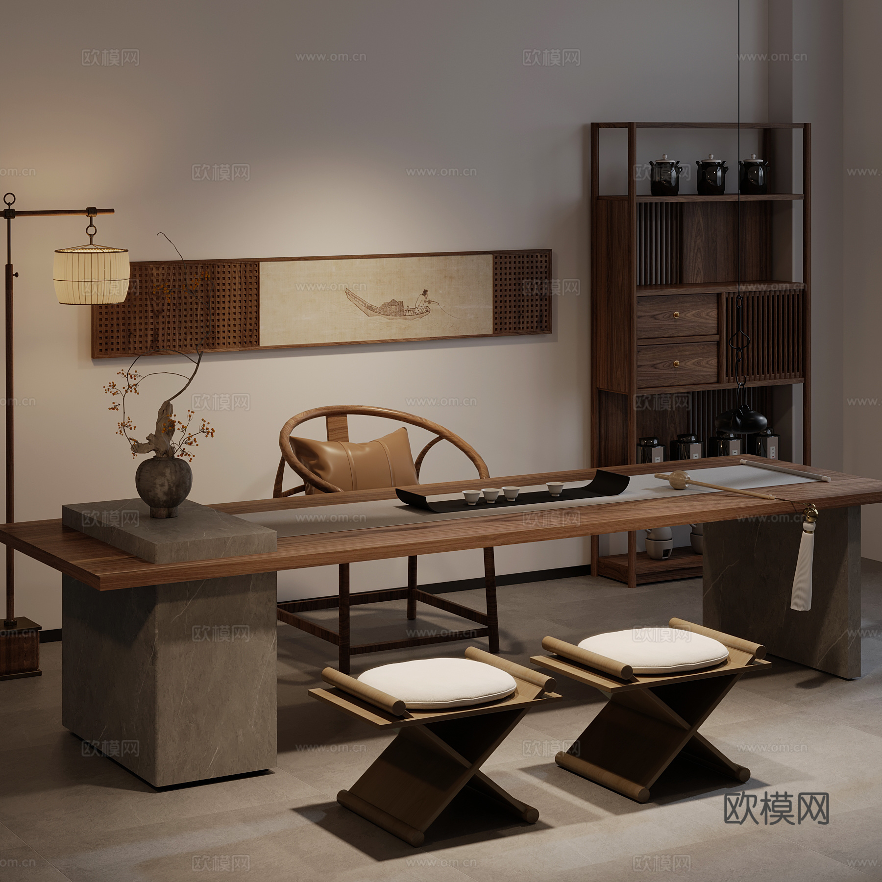 新中式茶室 茶桌椅 博古架 落地灯su模型