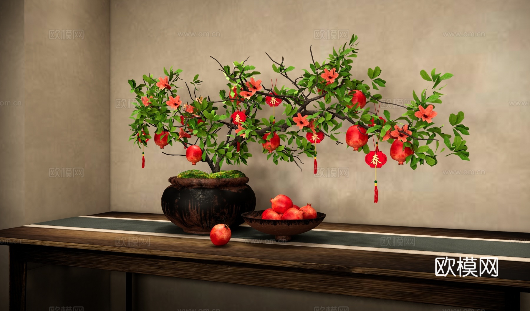 石榴插花盆景 植物造型盆栽 陶罐花瓶摆件 禅意盆景 新年挂件su模型