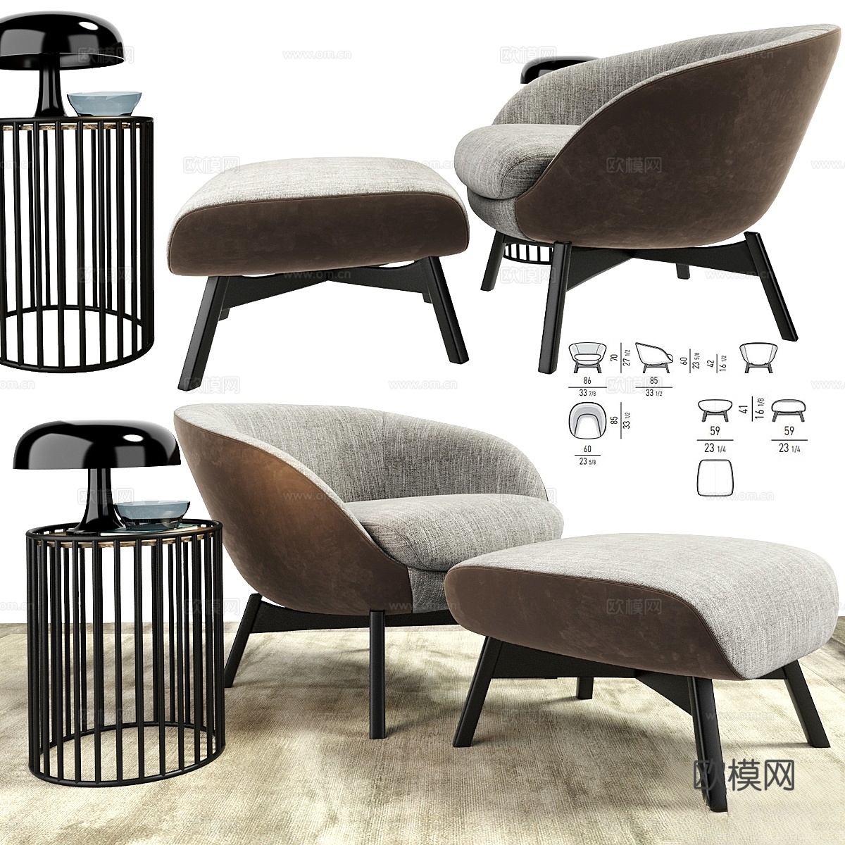 Minotti Russell扶手椅带脚凳和桌子3d模型
