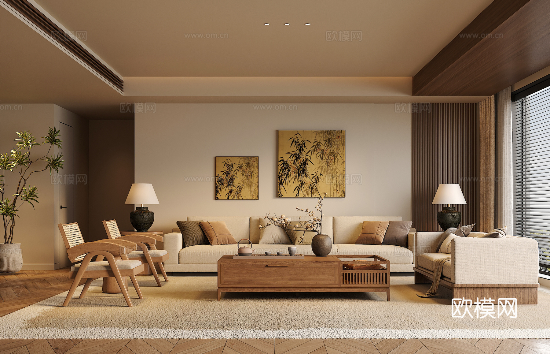 宋氏中古风客厅 沙发茶几组合 绿植 饰品摆件 台灯  背景墙3d模型下载