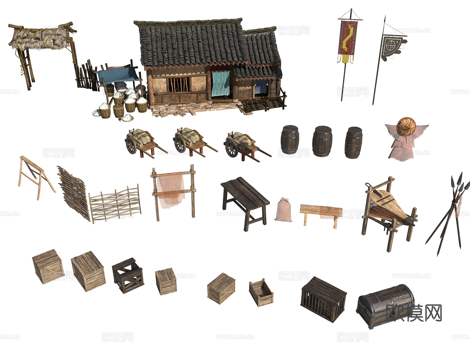 中式 镖局 古建 古代建筑木房子农具3d模型