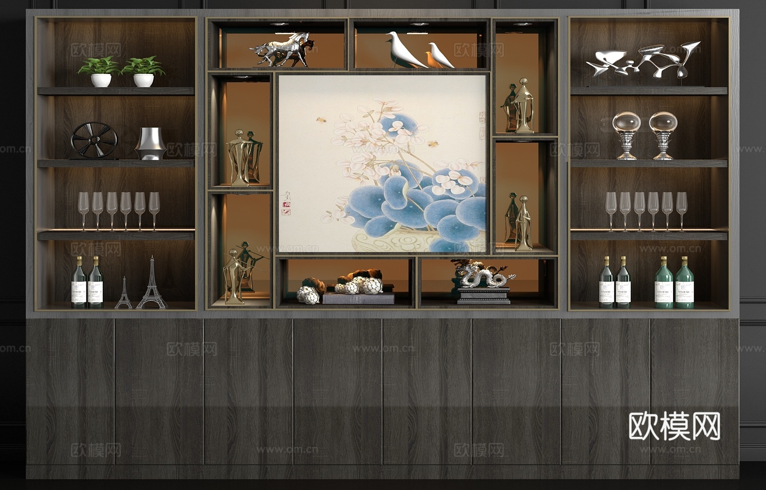 现代实木酒柜酒具饰品组合3d模型