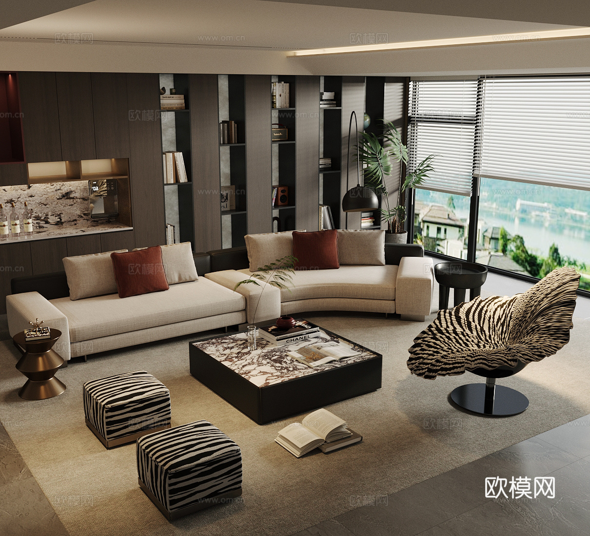 现代意式家居客厅 沙发茶几组合 高级灰客厅 意式轻奢客厅3d模型