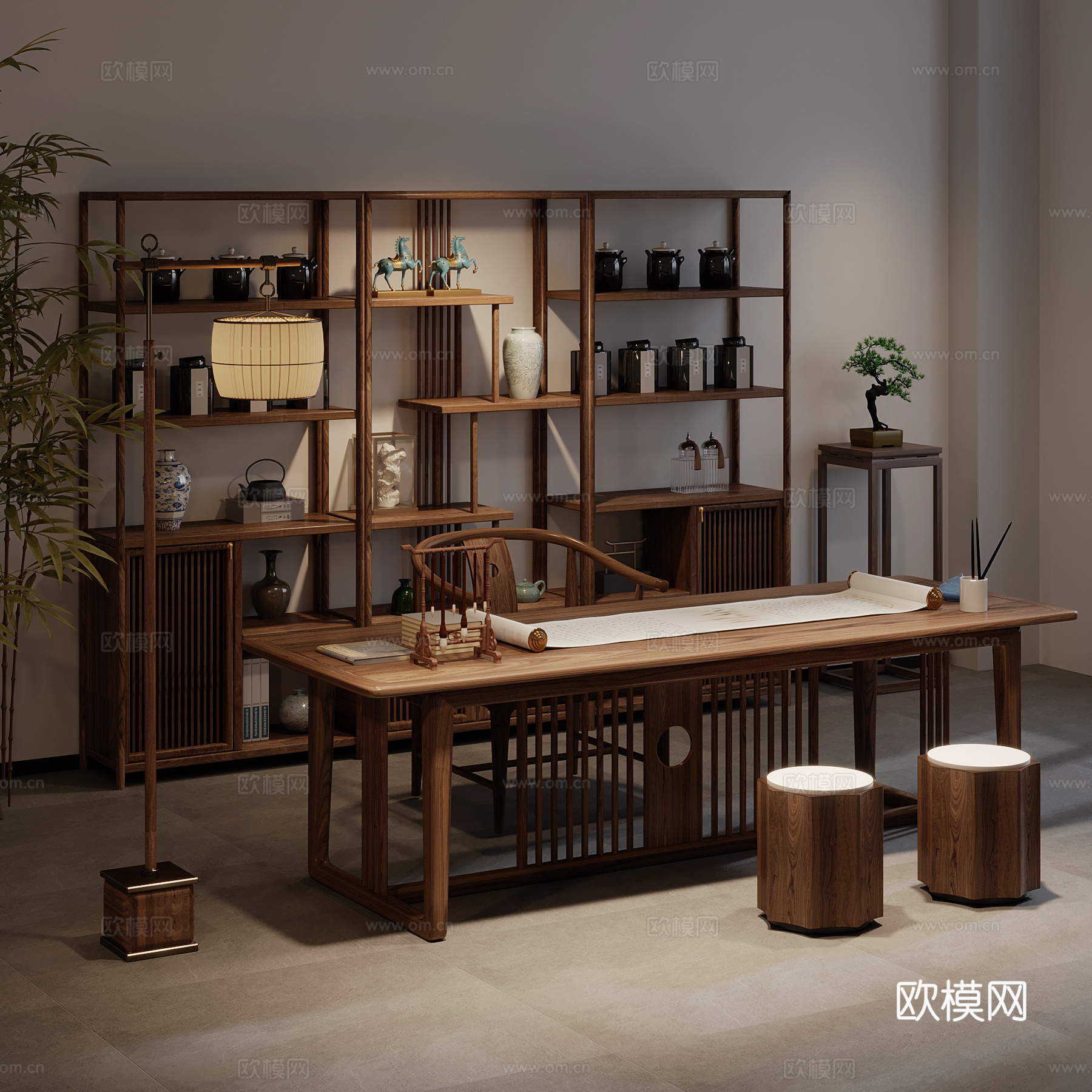新中式茶室 茶桌椅 博古架 落地灯su模型