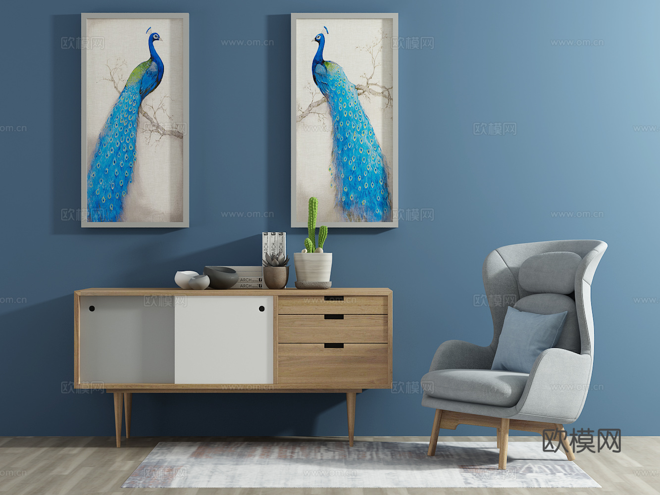 北欧鞋柜 装饰柜 单椅 边柜 装饰画3d模型下载（渲染图2）