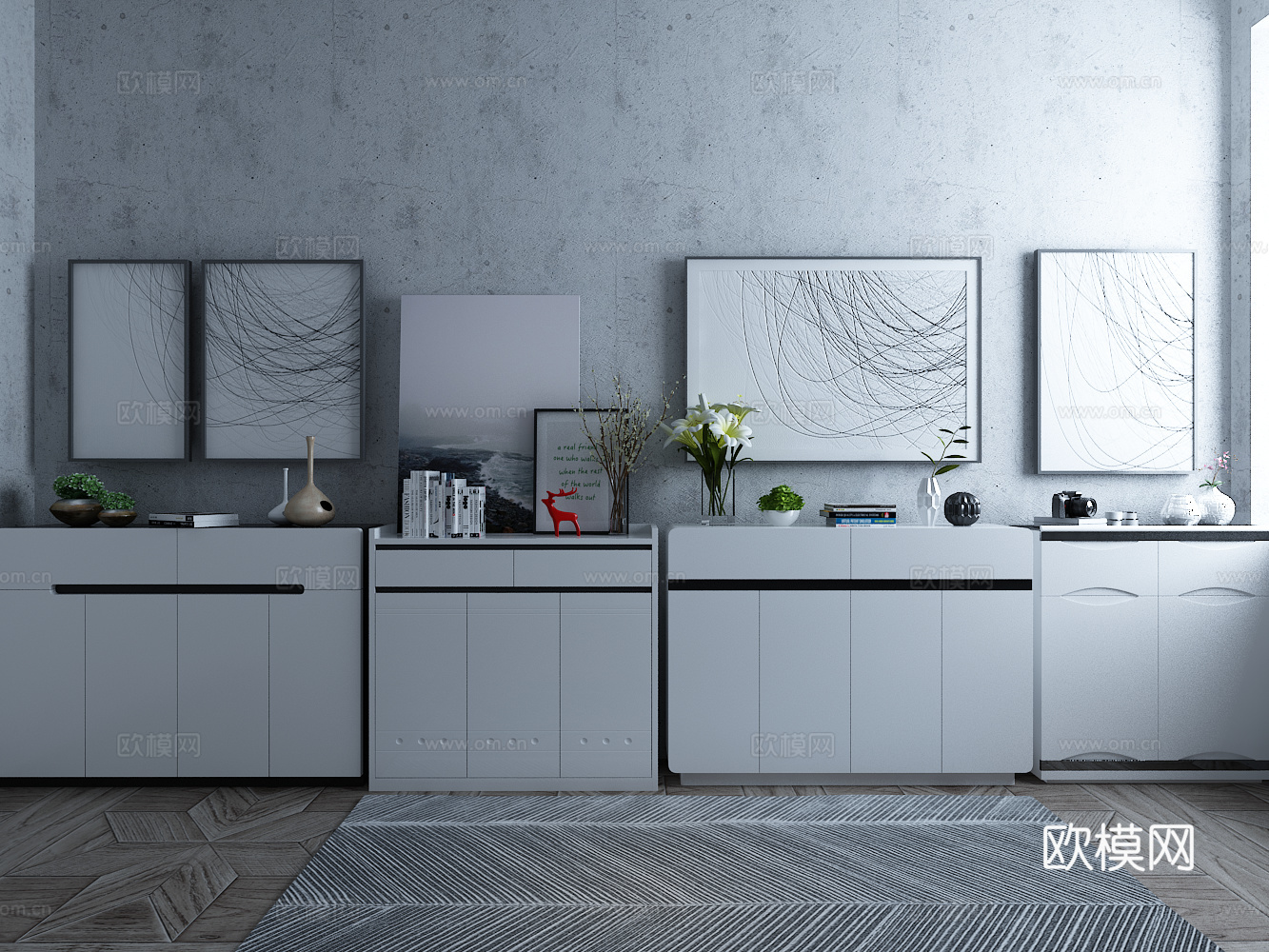 北欧鞋柜 装饰柜 边柜 装饰画 摆件3d模型下载（渲染图2）