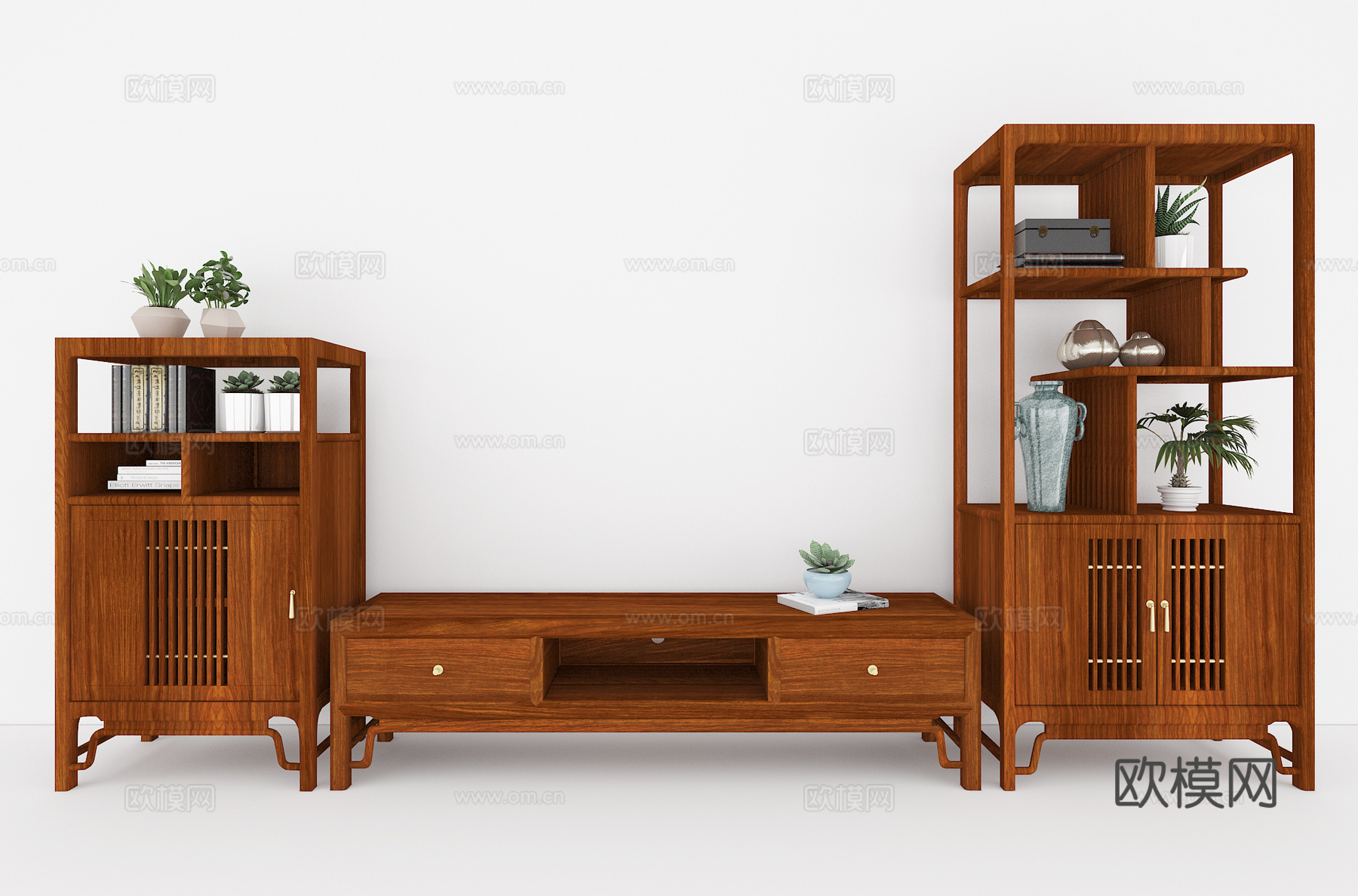 新中式电视柜  高柜  组合柜 装饰柜 绿植饰品3d模型