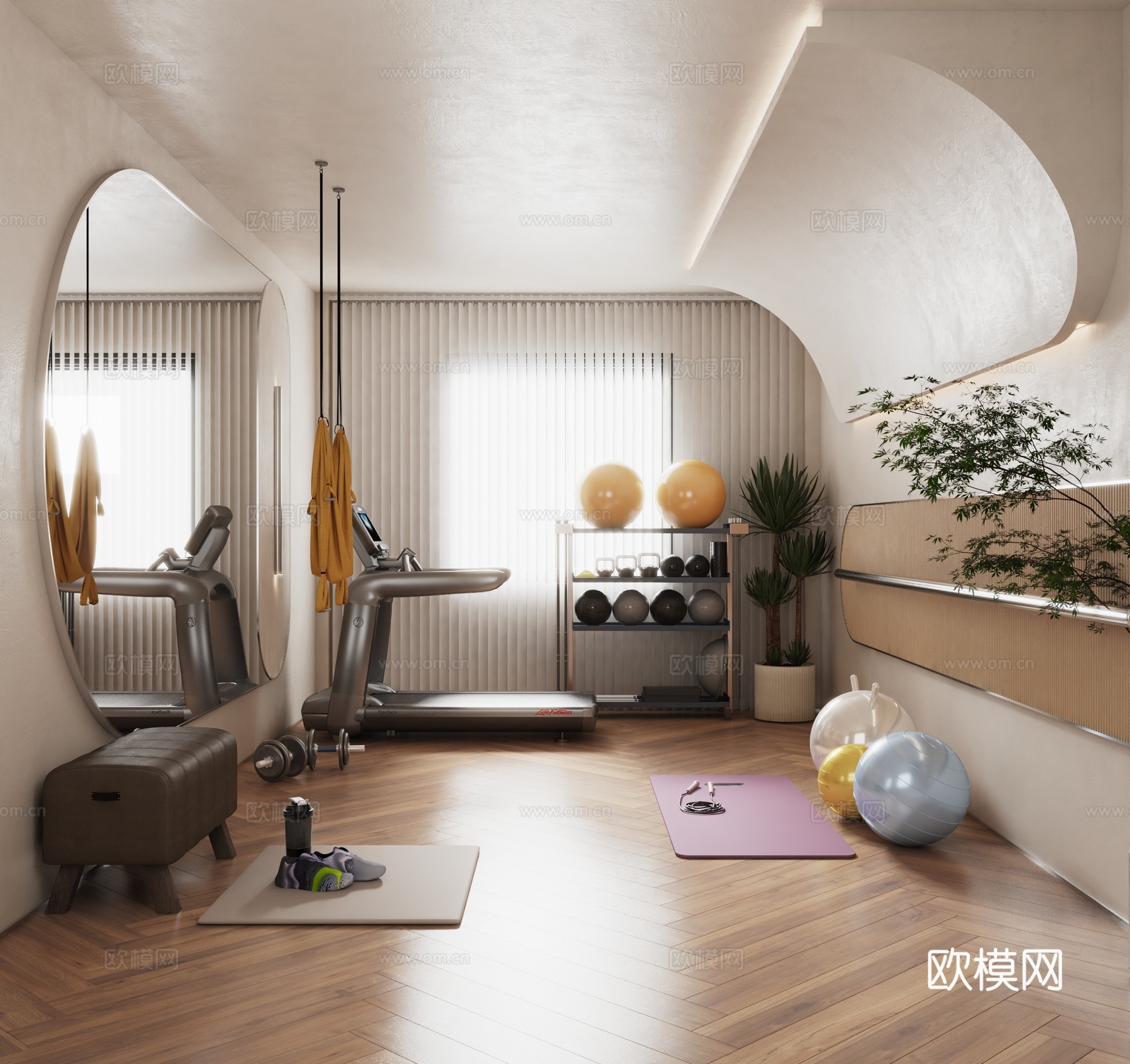 现代瑜伽室 奶油瑜伽室 瑜伽馆 私人健身房 健身房3d模型