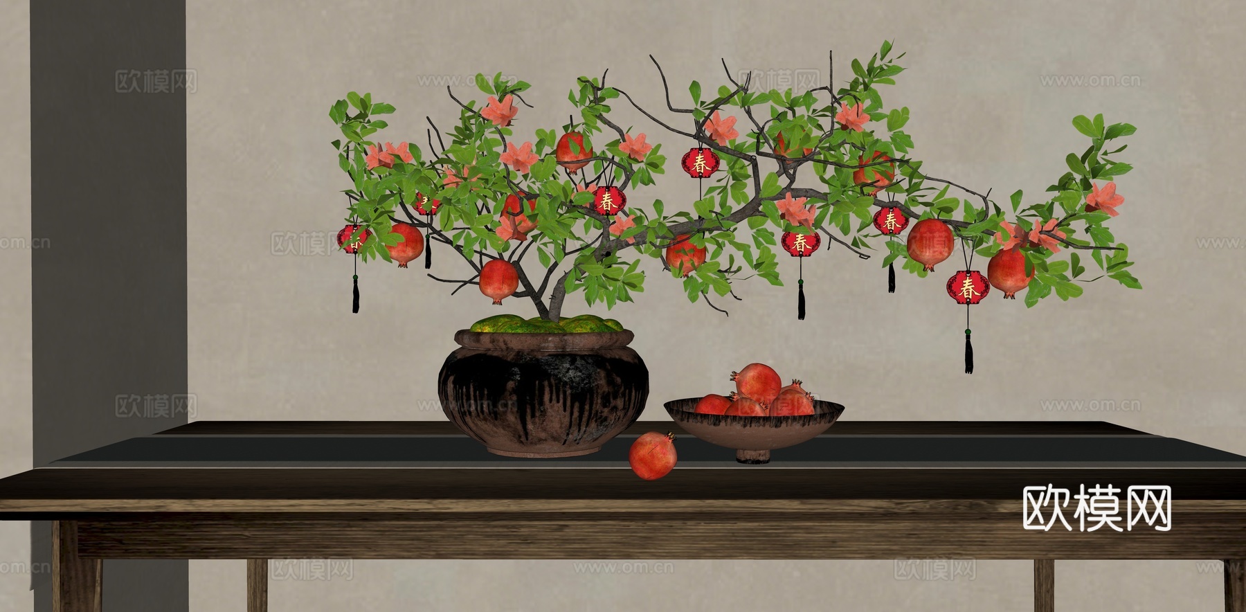 石榴插花盆景 植物造型盆栽 陶罐花瓶摆件 禅意盆景 新年挂件su模型