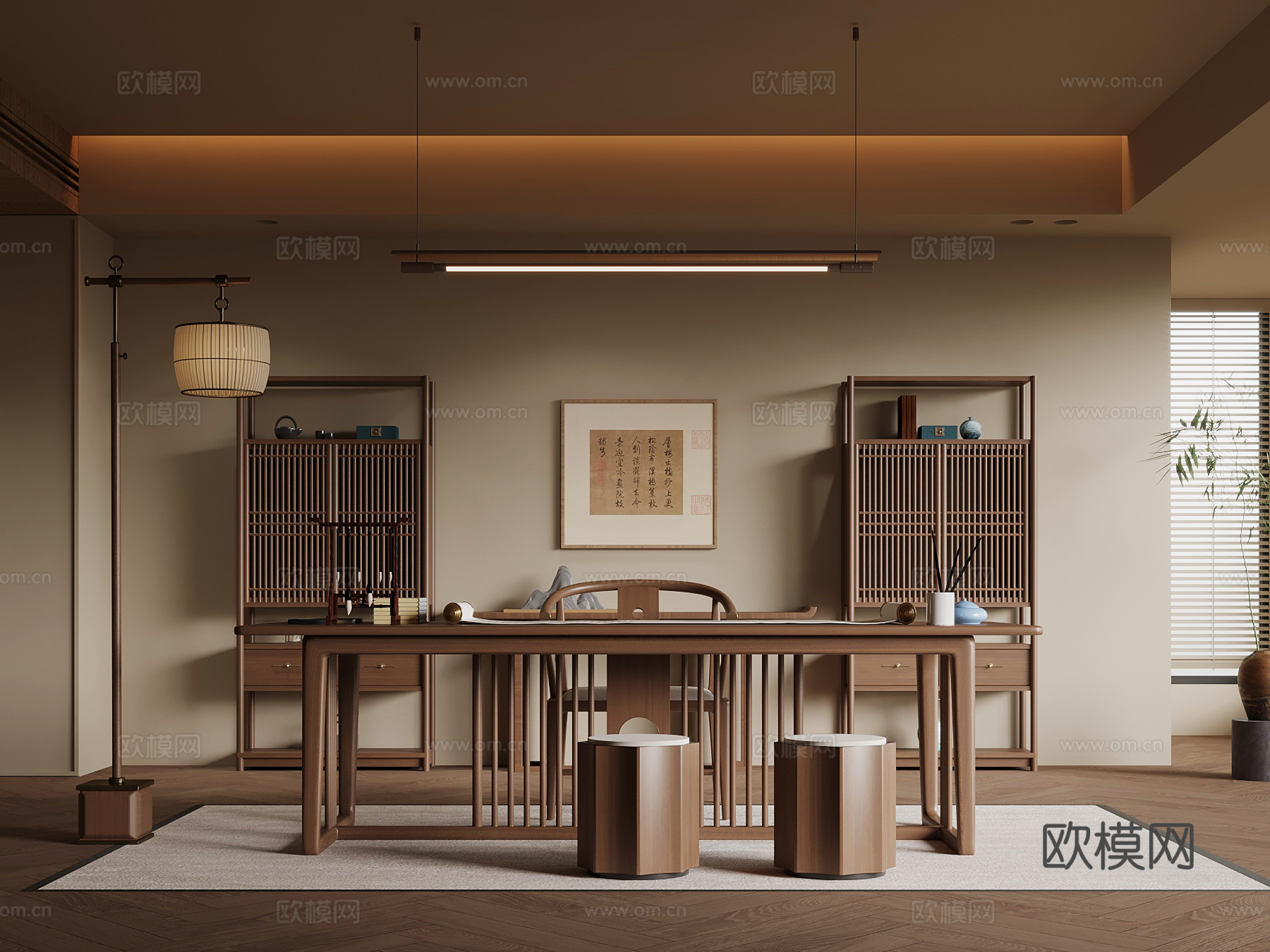 新中式茶室 茶桌椅 博古架 落地灯3d模型下载