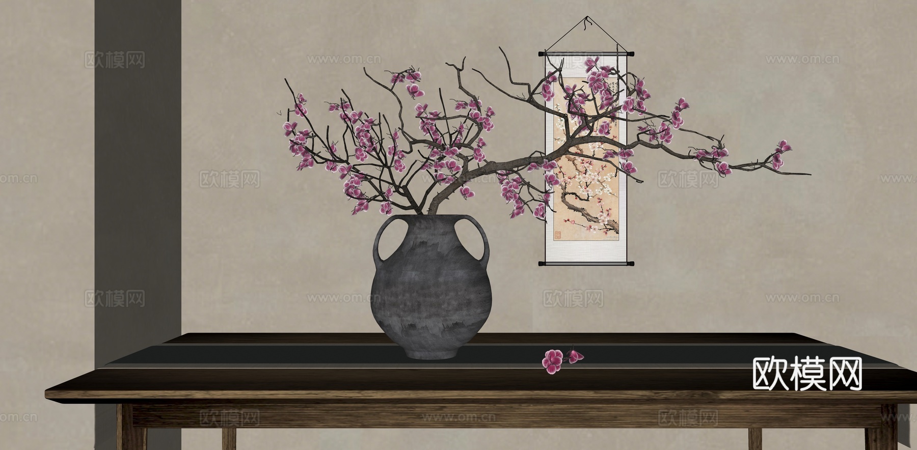 室内盆景 禅意插花 红梅 梅花 海棠su模型