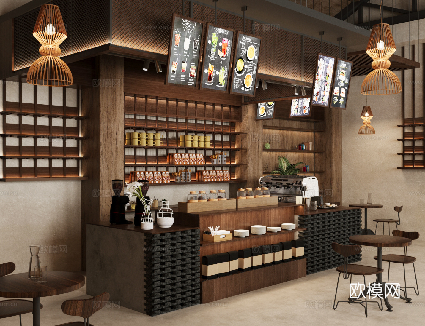 工业风咖啡厅 咖啡桌椅 奶茶店 咖啡店操作台 收银前台 咖啡su模型