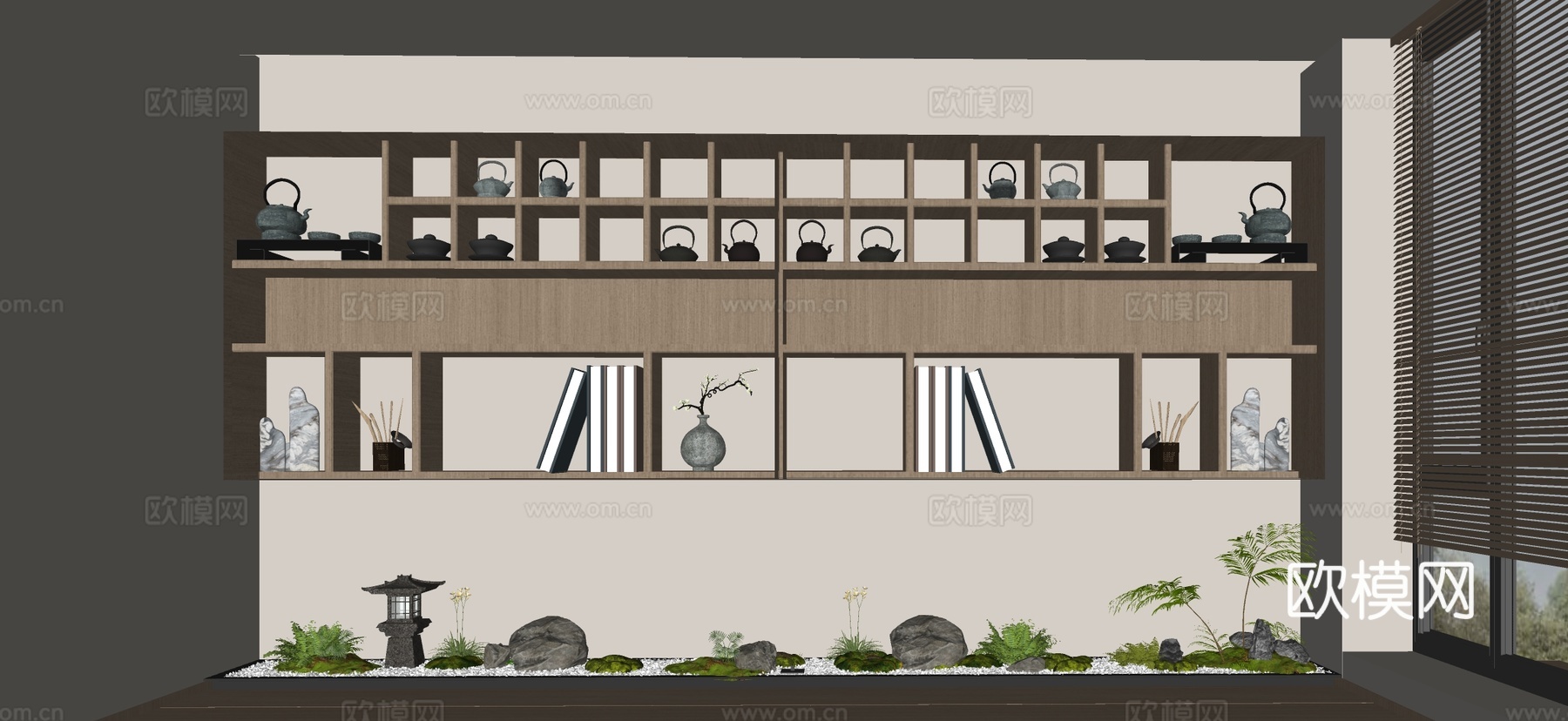 新中式禅意茶柜 壁挂茶柜 茶具摆件组合 茶馆展示柜 茶叶柜su模型