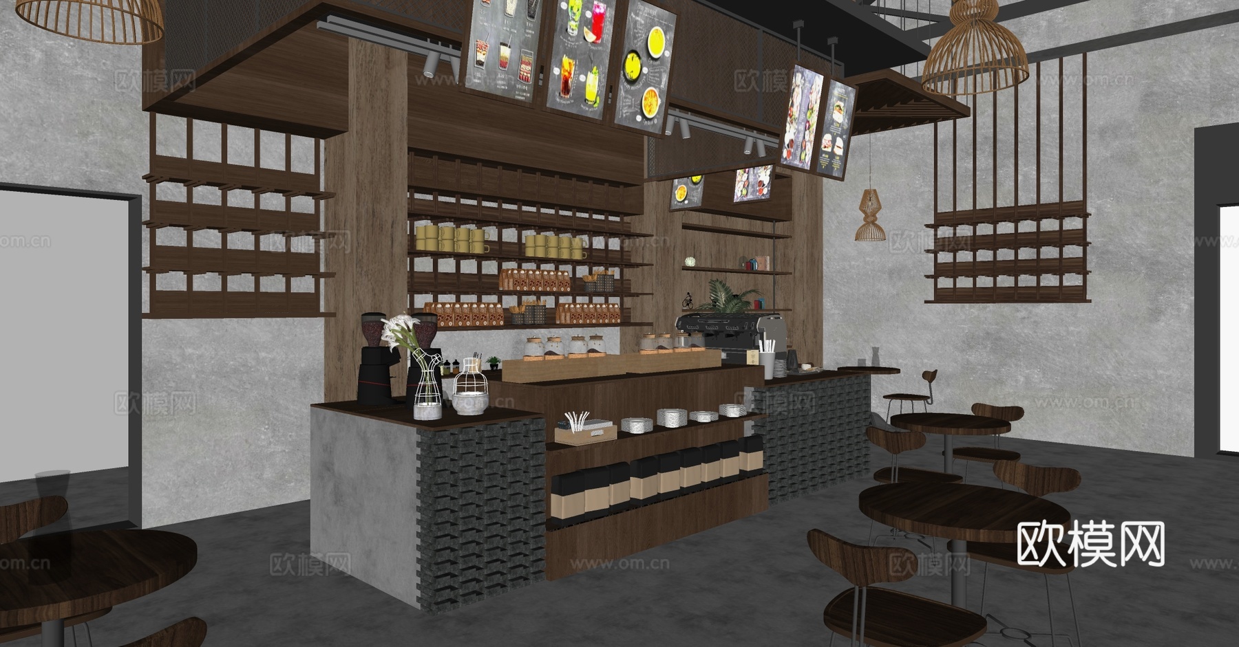 工业风咖啡厅 咖啡桌椅 奶茶店 咖啡店操作台 收银前台 咖啡su模型