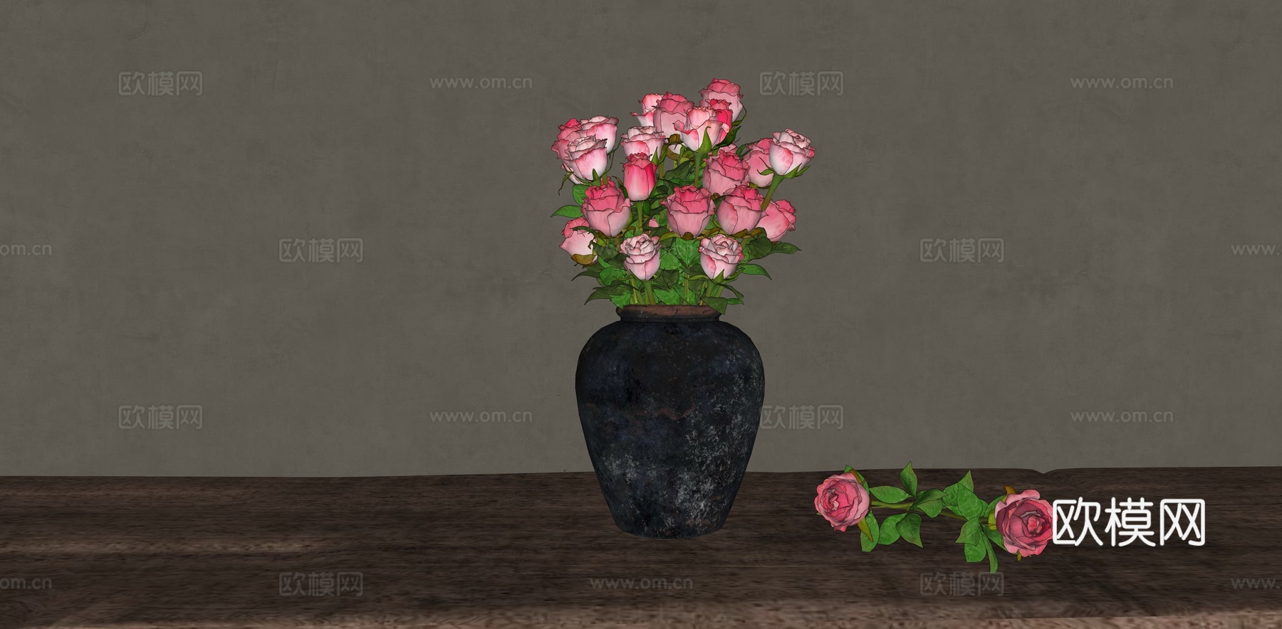 侘寂中式花艺 陶罐花瓶花艺 粉色玫瑰插花 花瓶装饰摆设su模型