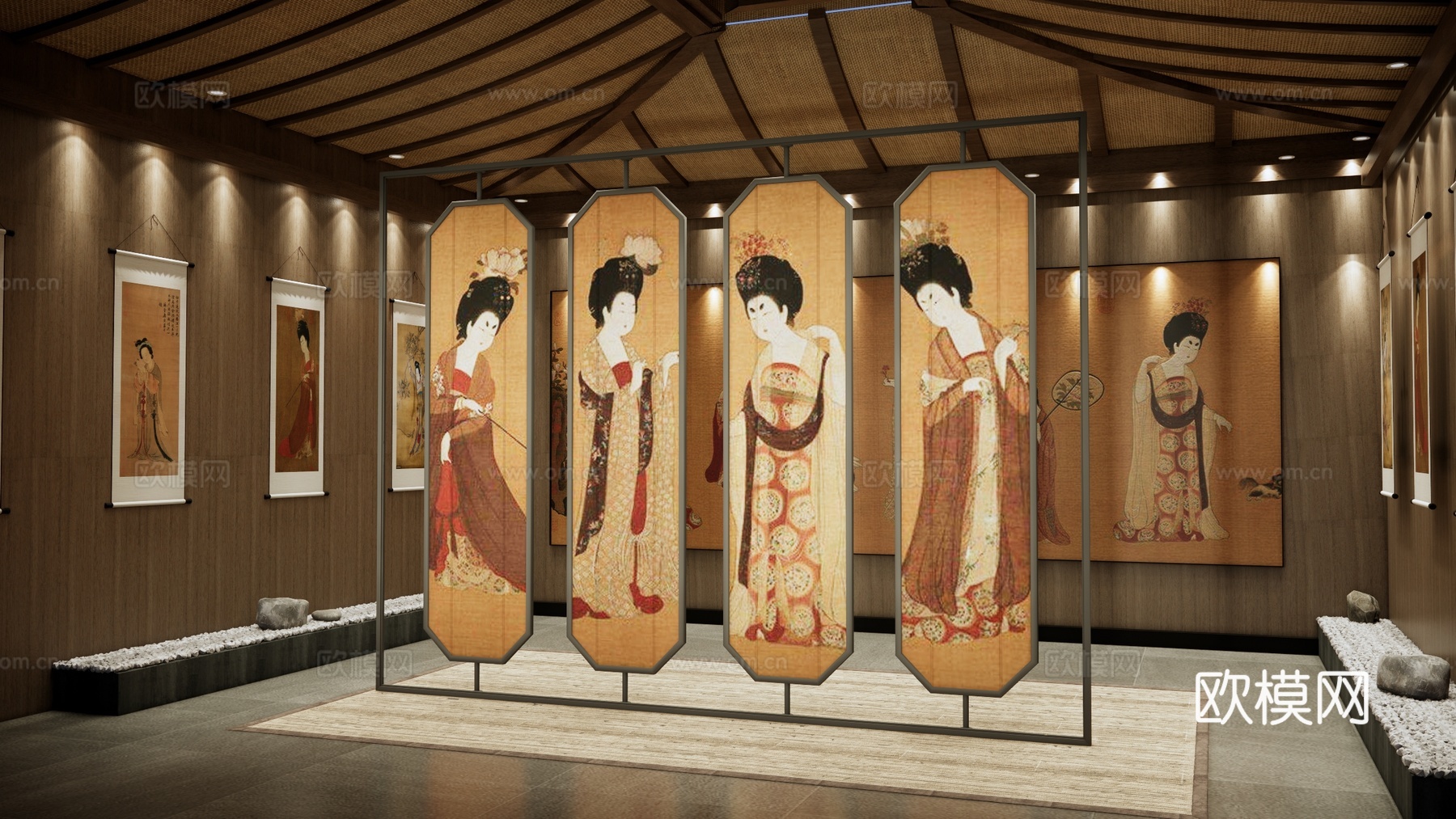 新中式文化展览馆 唐代仕女图展厅 展览文化墙 中式屏风 大唐su模型