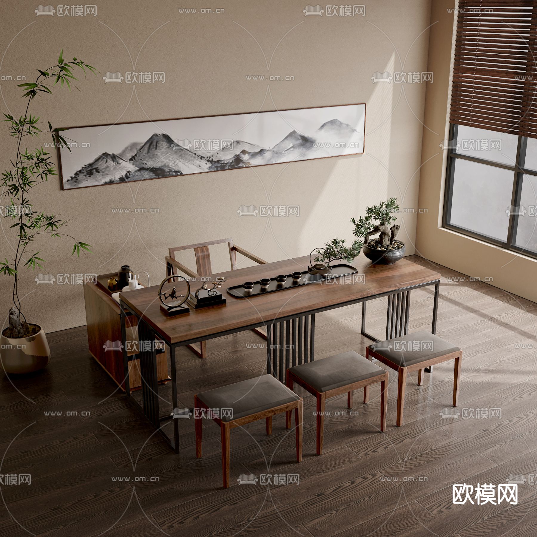 新中式茶台 茶桌椅3d模型下载