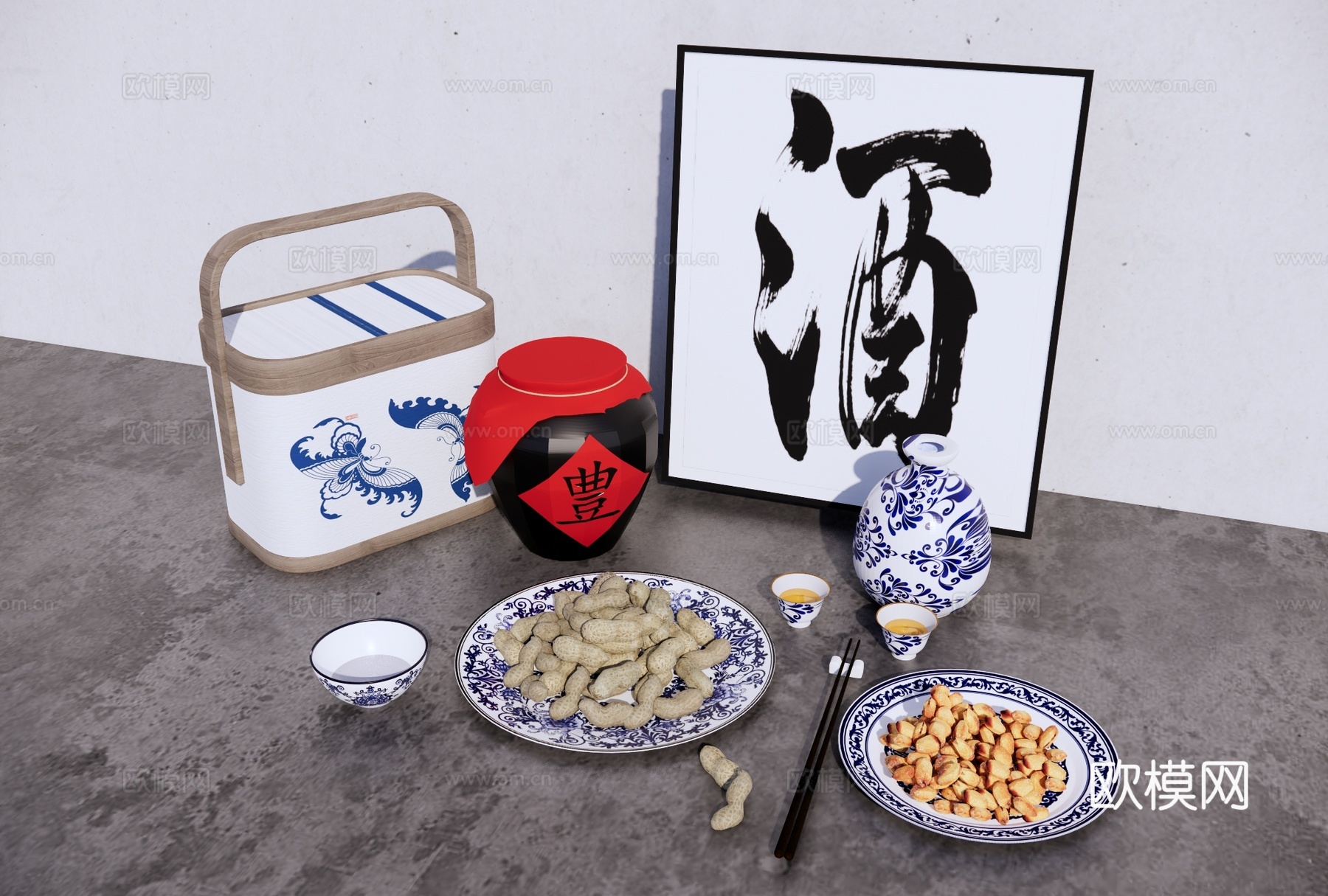 青花瓷餐具 下酒菜 酒壶 酒杯 酒坛 食盒 花生 花生米su模型