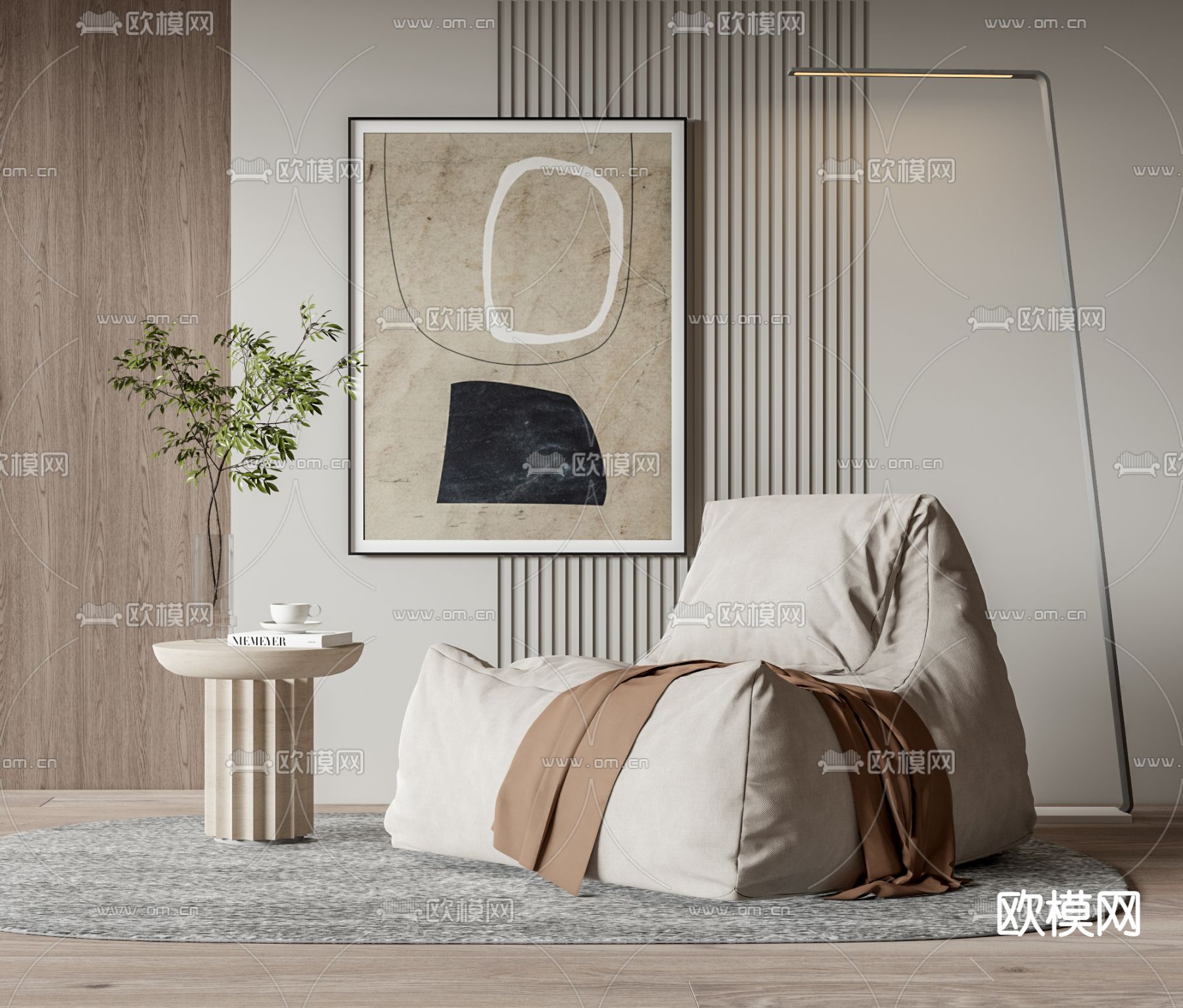 现代布艺懒人沙发su模型下载（渲染图1）