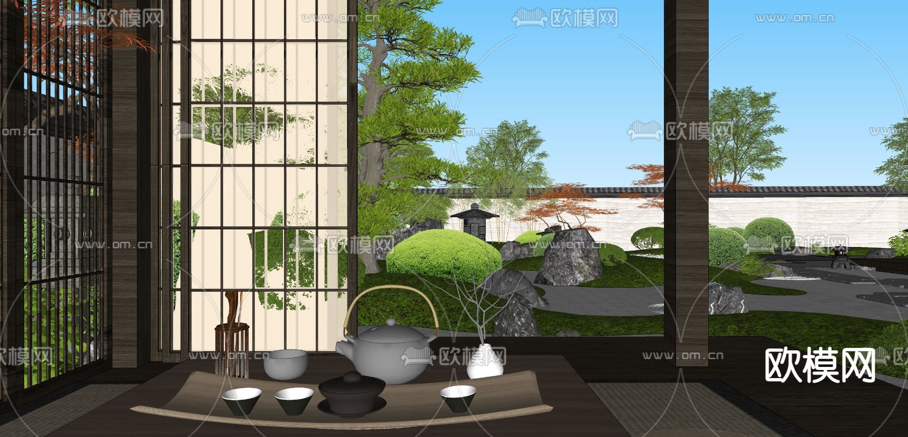 日式枯山水庭院花园su模型下载（渲染图3）