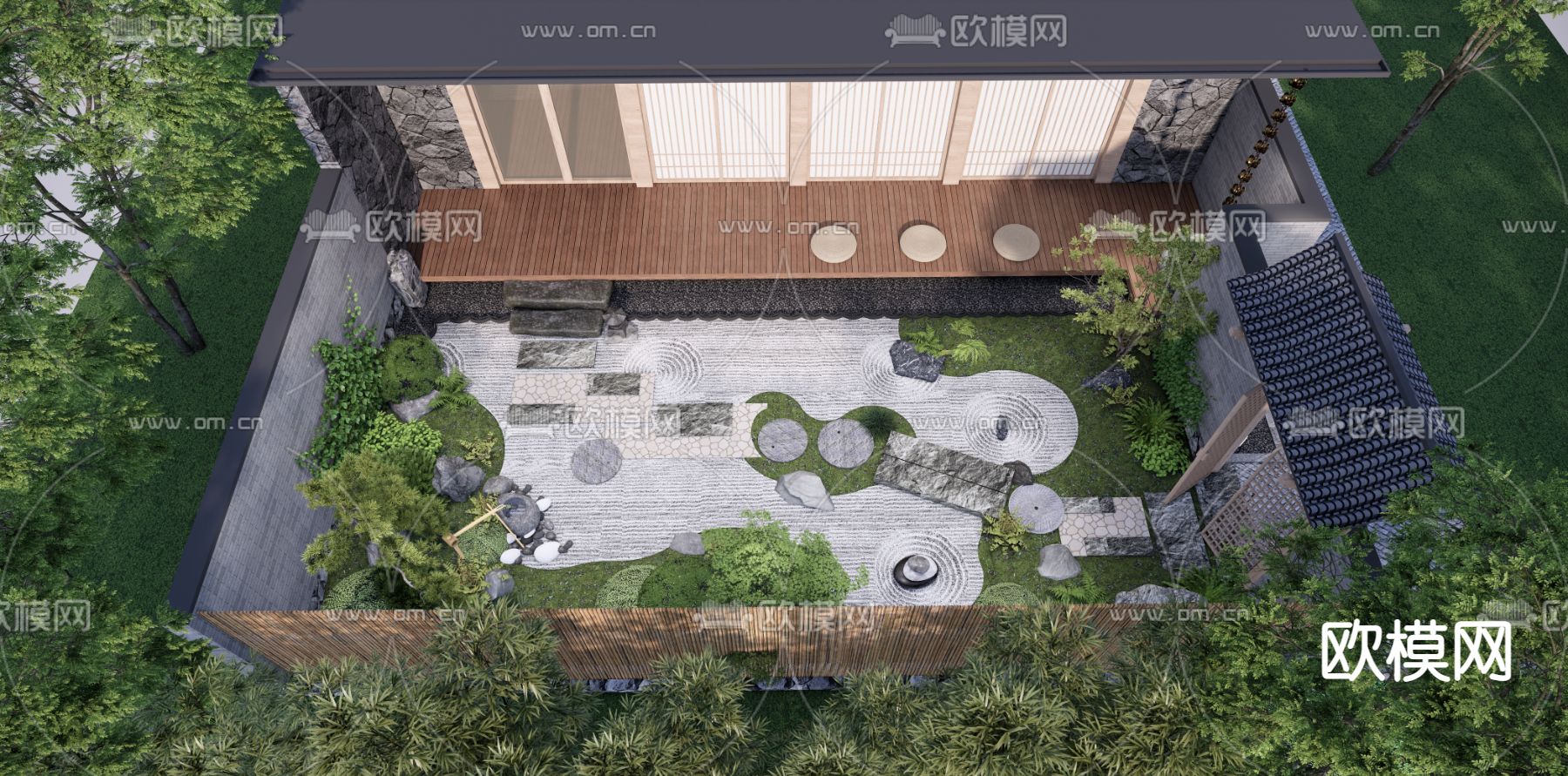 日式枯山水庭院花园su模型下载（渲染图1）