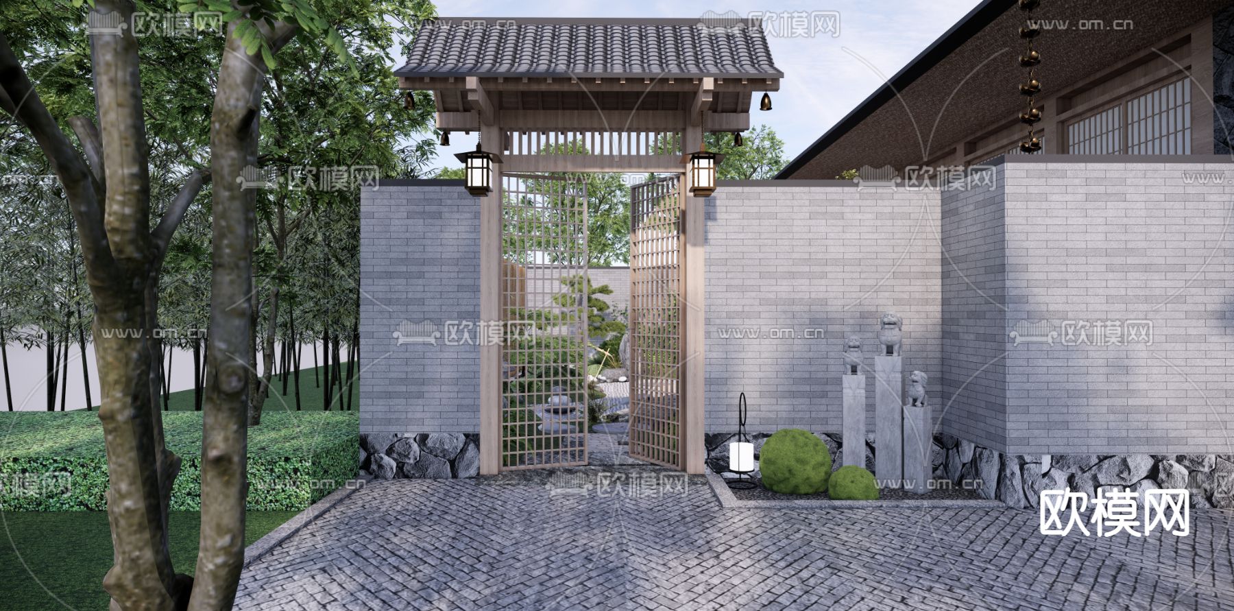 日式枯山水庭院花园su模型下载（渲染图3）