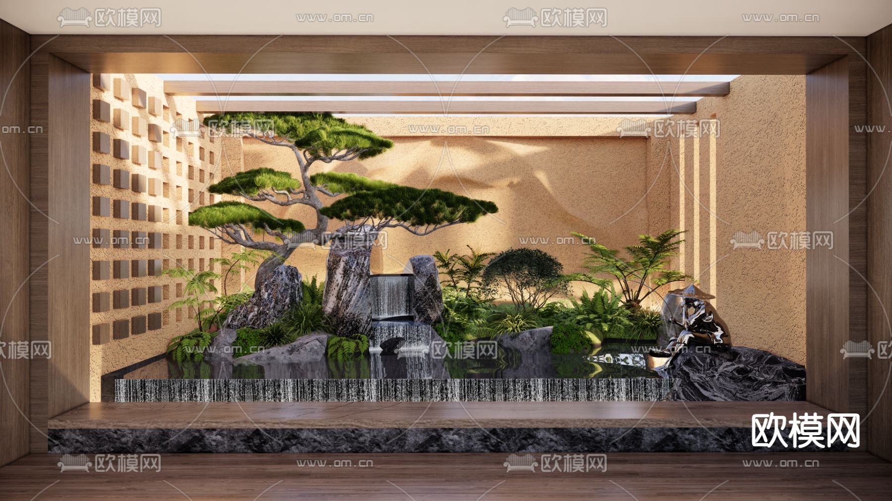 枯山水景观 假山流水 罗汉松3d模型下载