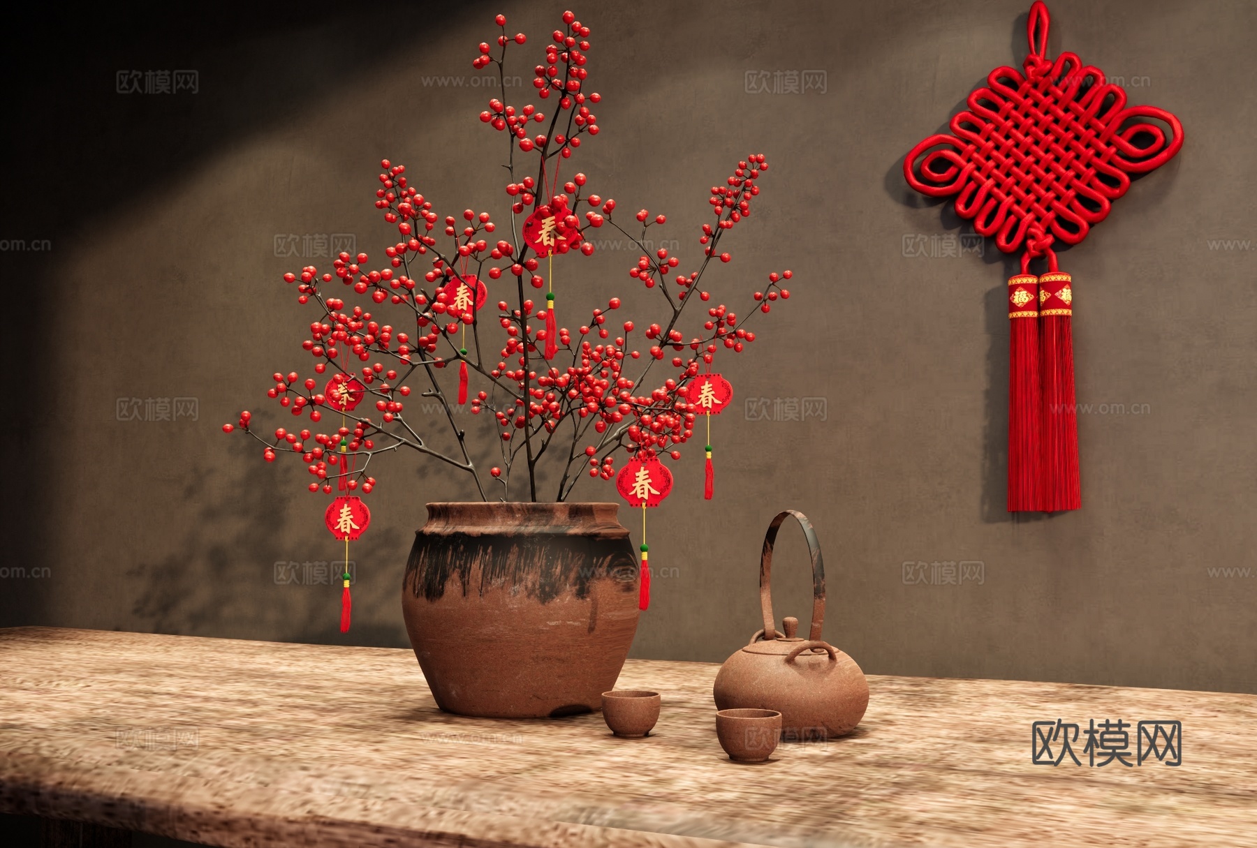 侘寂花瓶花艺 新年装饰 中国结 红豆插花 陶罐花瓶 茶壶茶杯su模型