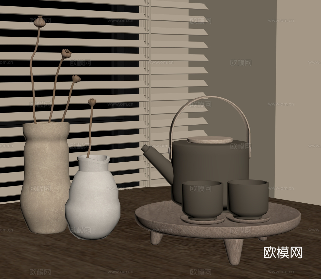 桌面摆件 茶盘 花瓶su模型