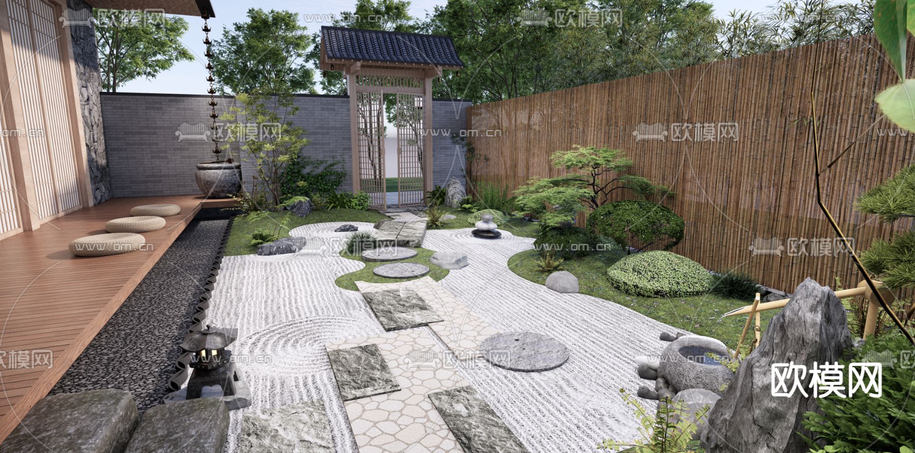 日式枯山水庭院花园su模型下载（渲染图4）