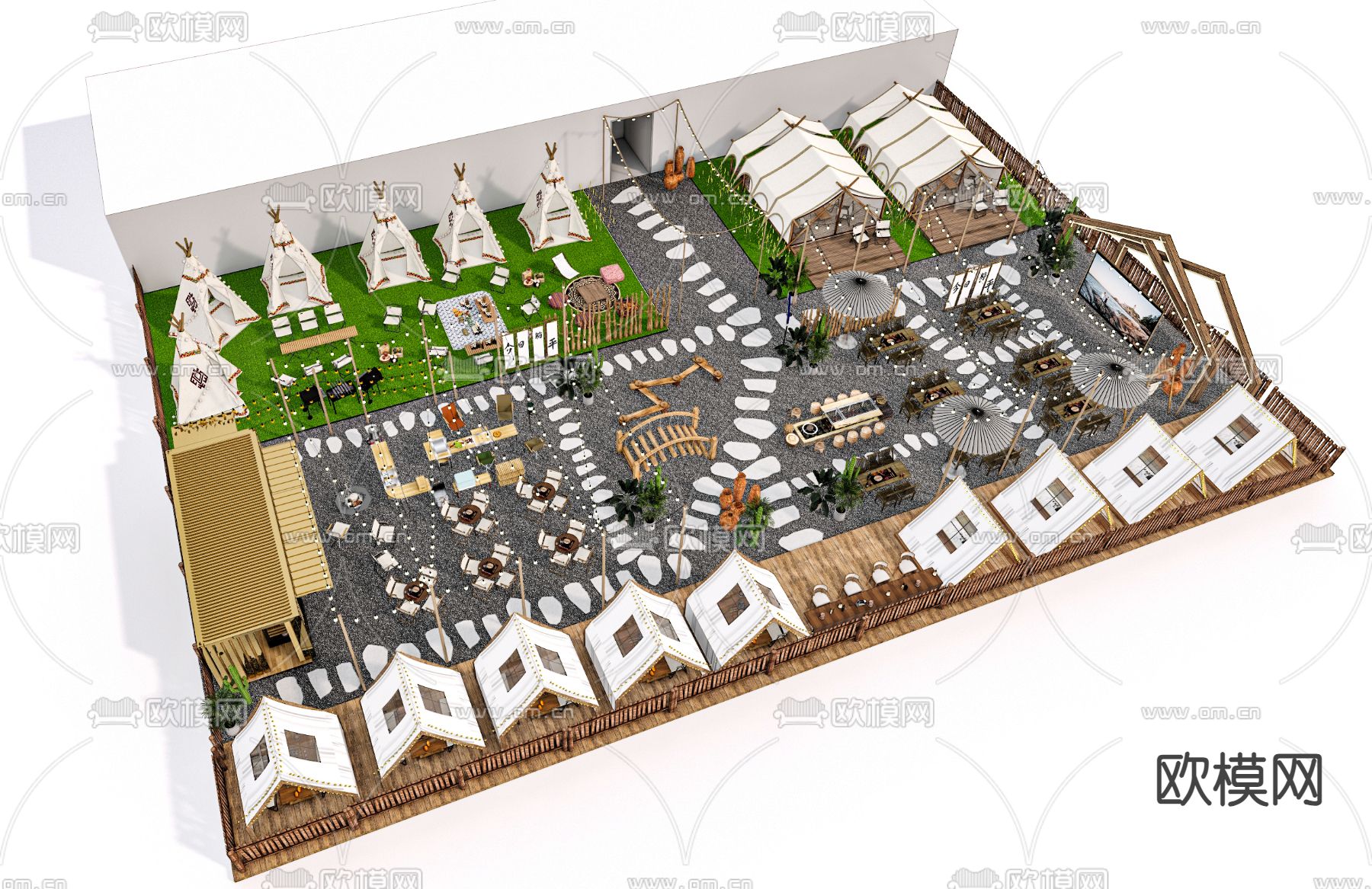 天台露营餐厅 屋顶烧烤su模型下载（渲染图1）