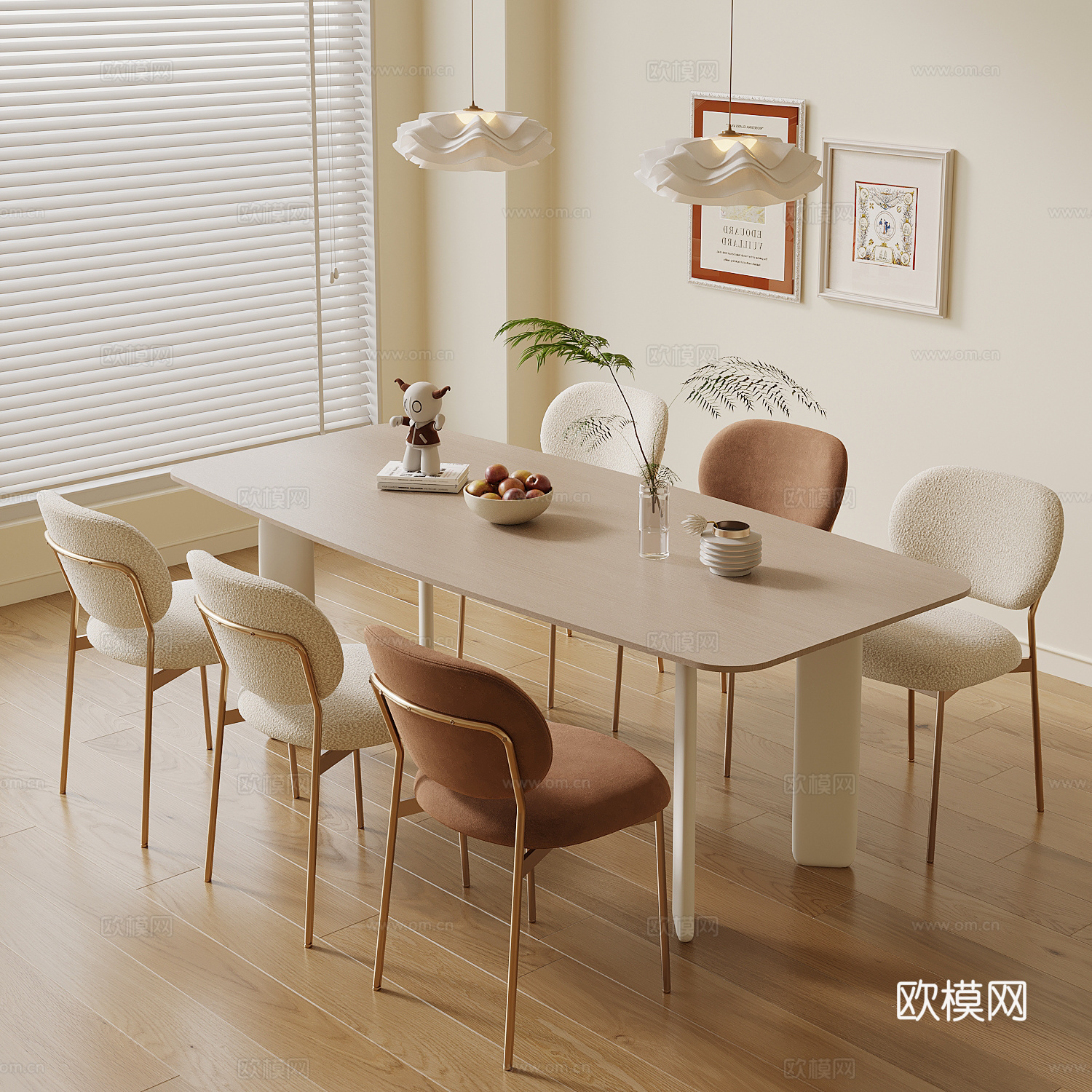 现代奶油风餐桌椅su模型