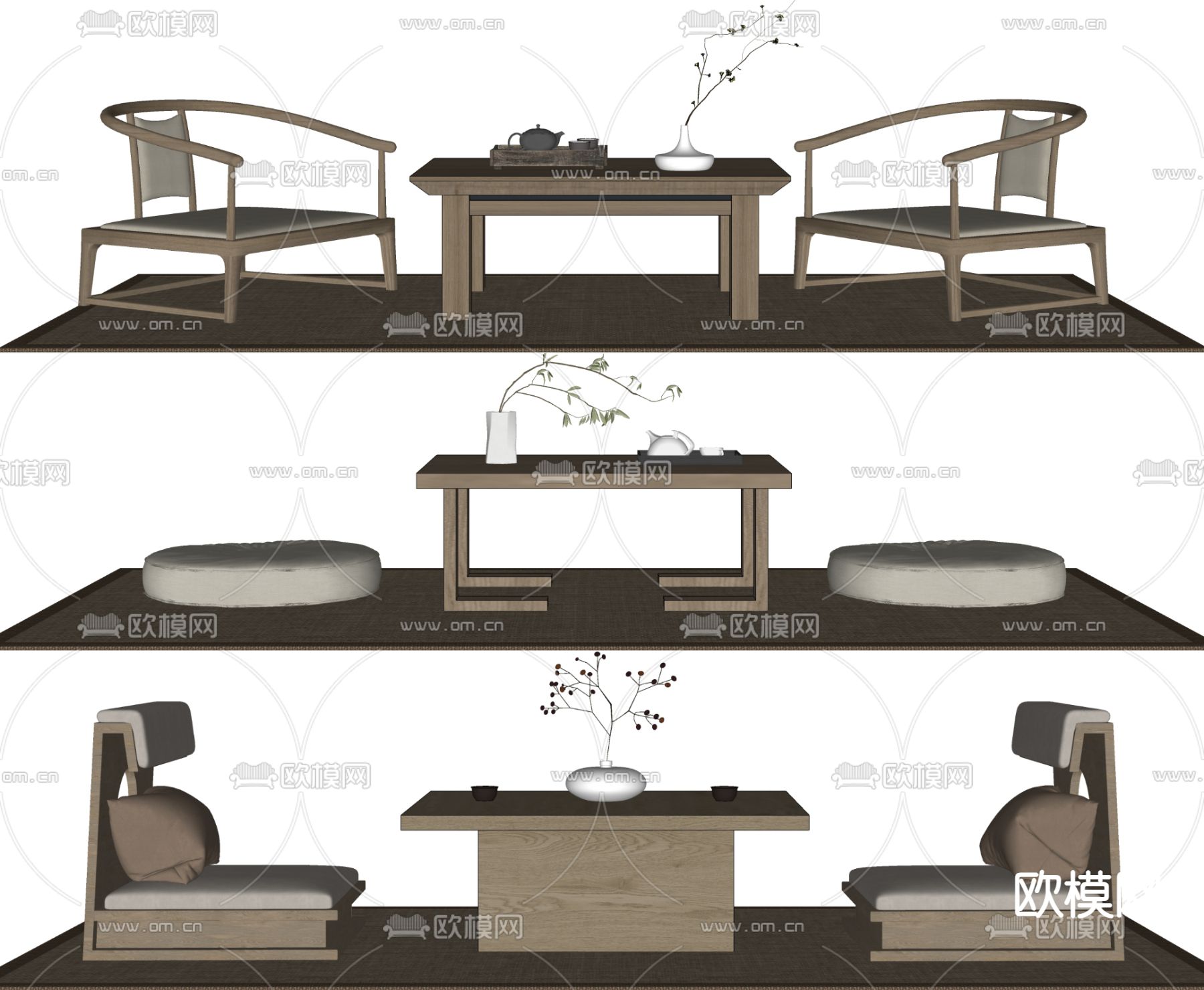 日式榻榻米茶桌 茶台su模型下载（渲染图2）