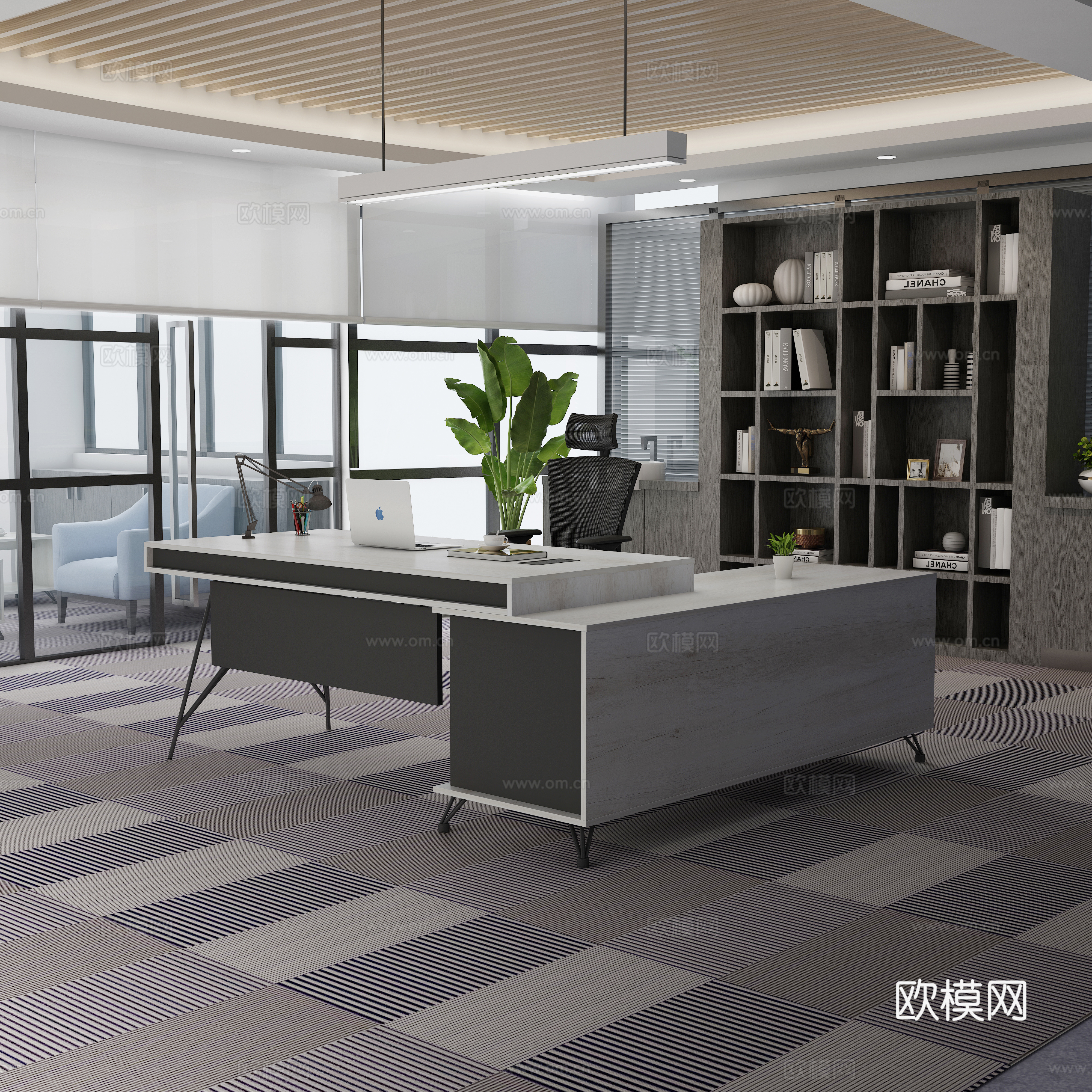 现代办公室 经理室 主管室 浅色木纹老板桌 经理办公椅子3d模型