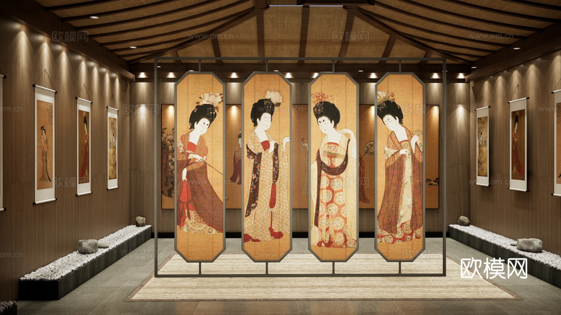新中式文化展览馆 唐代仕女图展厅 展览文化墙 中式屏风 大唐su模型