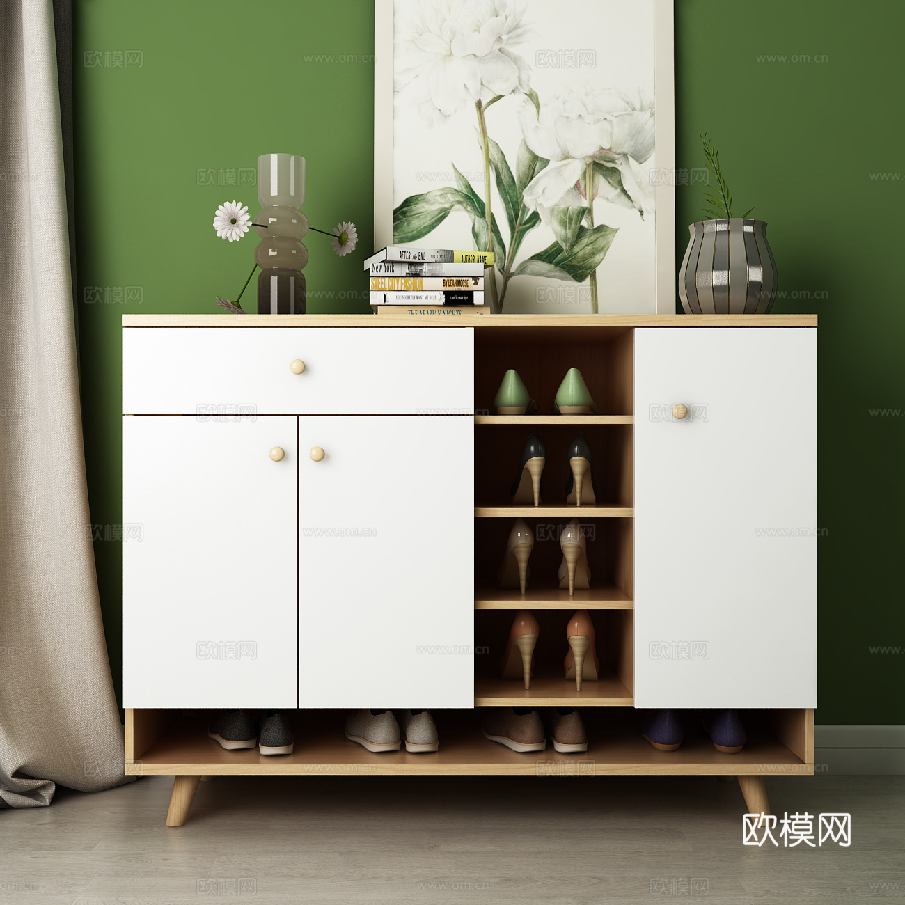 北欧鞋柜 画 书籍 窗帘 饰品模型3d模型