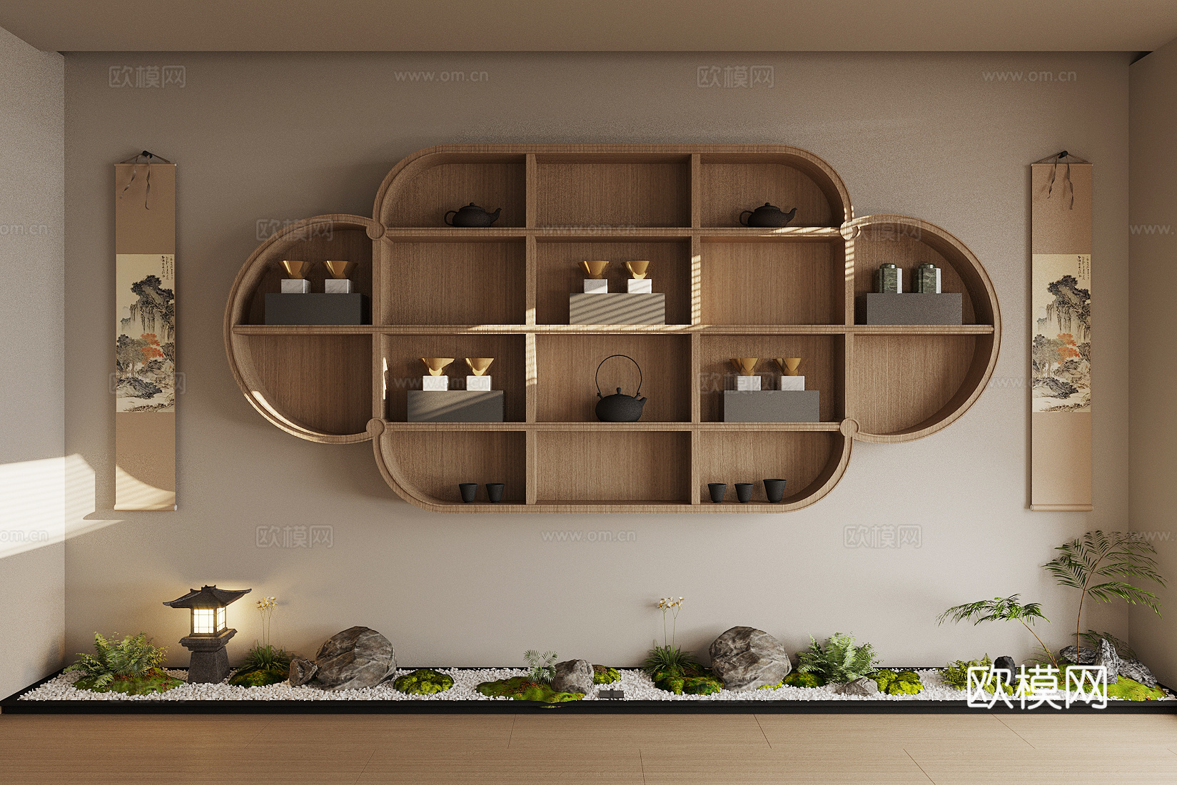 新中式禅意茶柜 壁挂茶柜 茶具摆件组合 茶馆展示柜 茶叶柜su模型