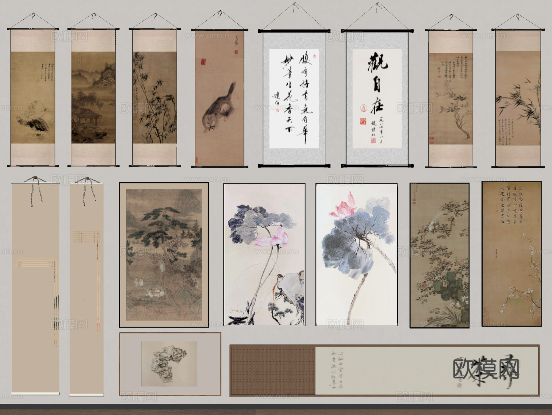 新中式禅意挂画 字画 国画 装饰画 山水画 画卷su模型