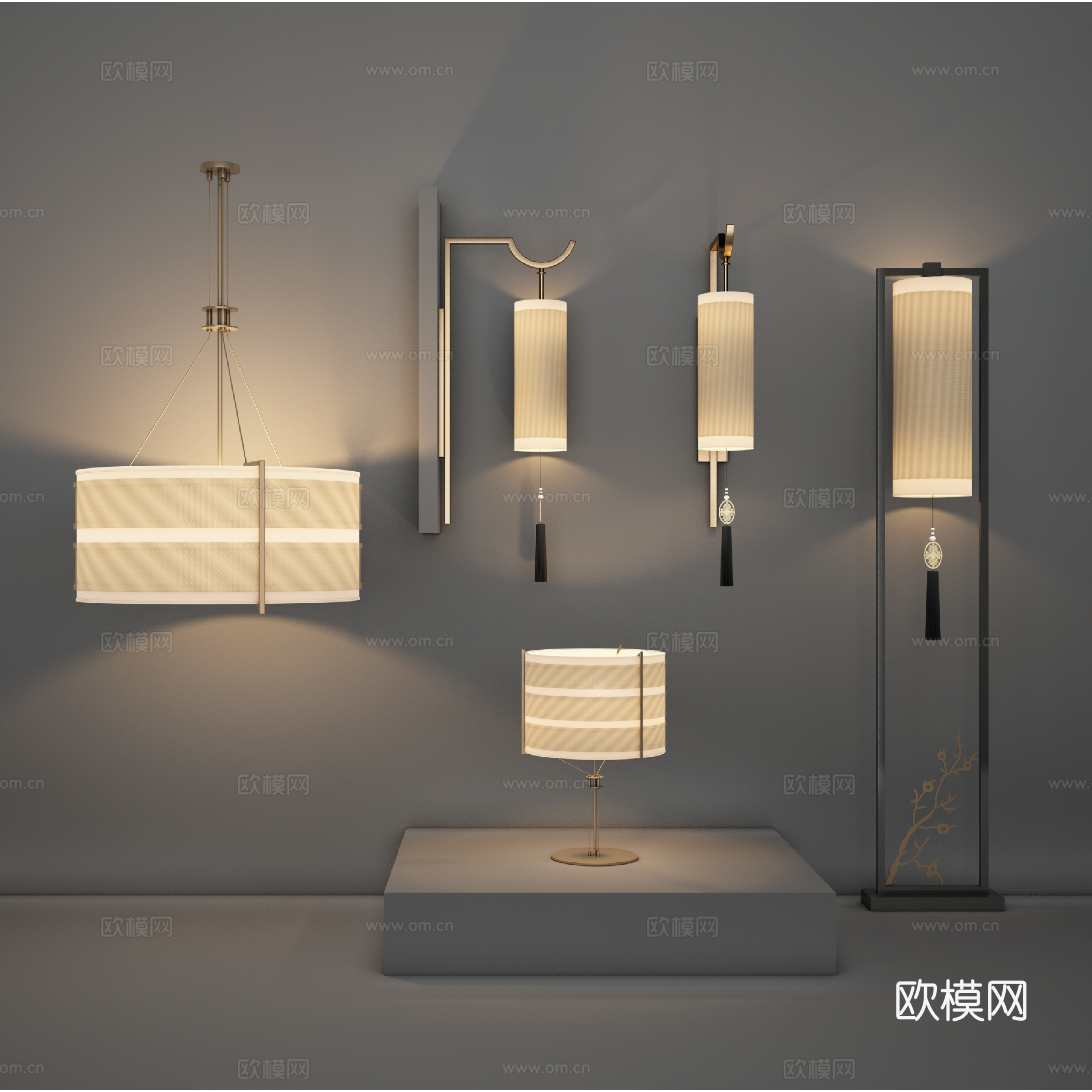 新中式吊灯 台灯 壁灯 落地灯组合3d模型