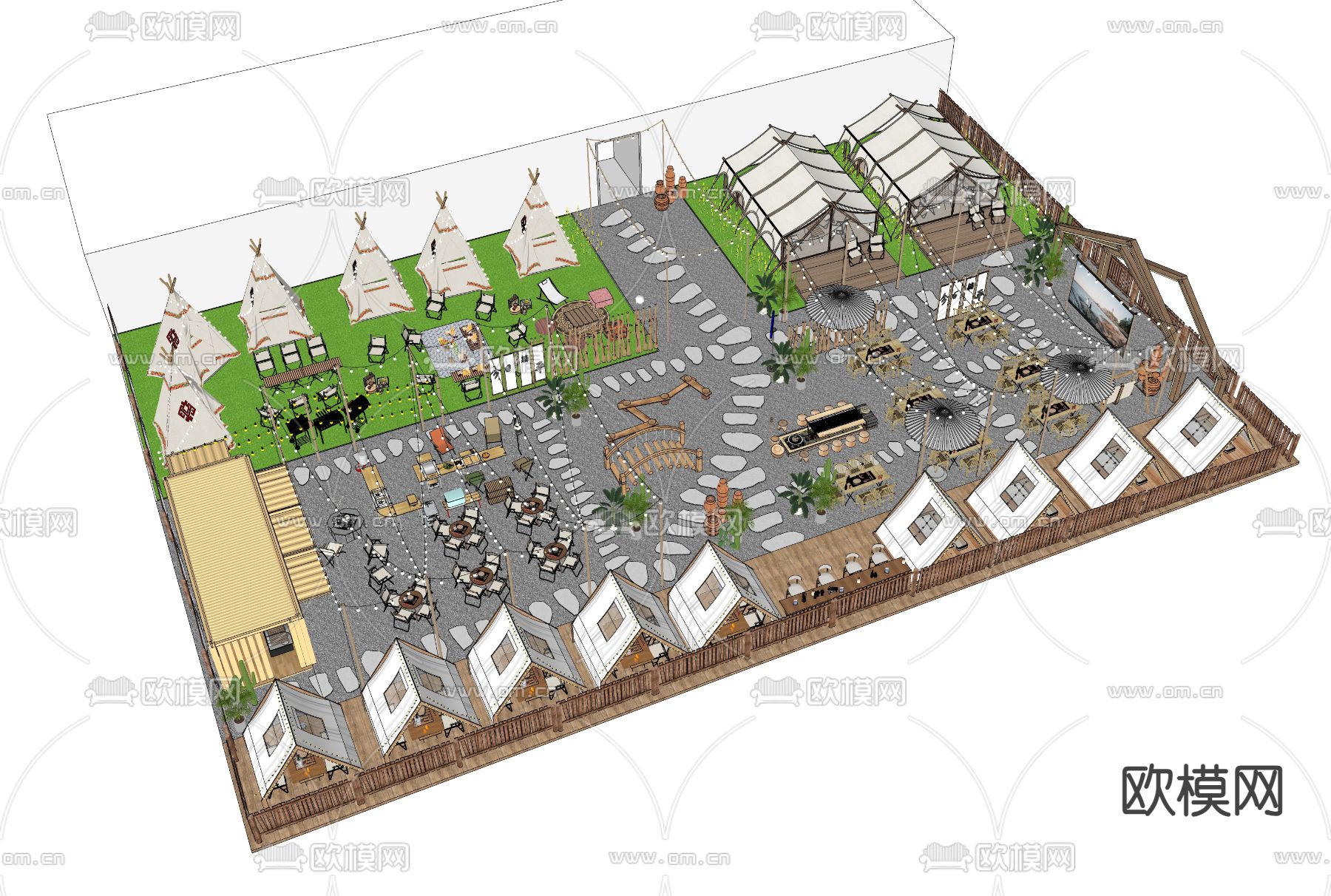 天台露营餐厅 屋顶烧烤su模型下载（渲染图2）