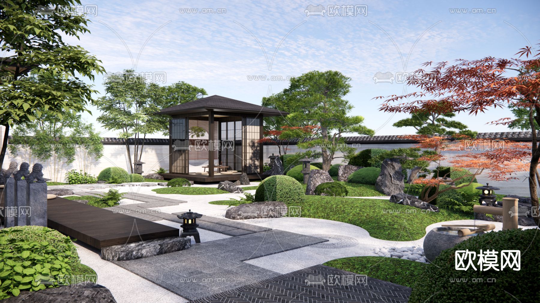 日式枯山水庭院花园su模型下载（渲染图5）