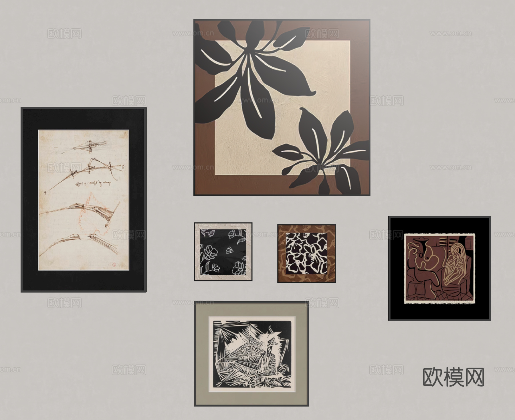中古挂画组合 装饰画 客厅挂画 玄关挂画su模型