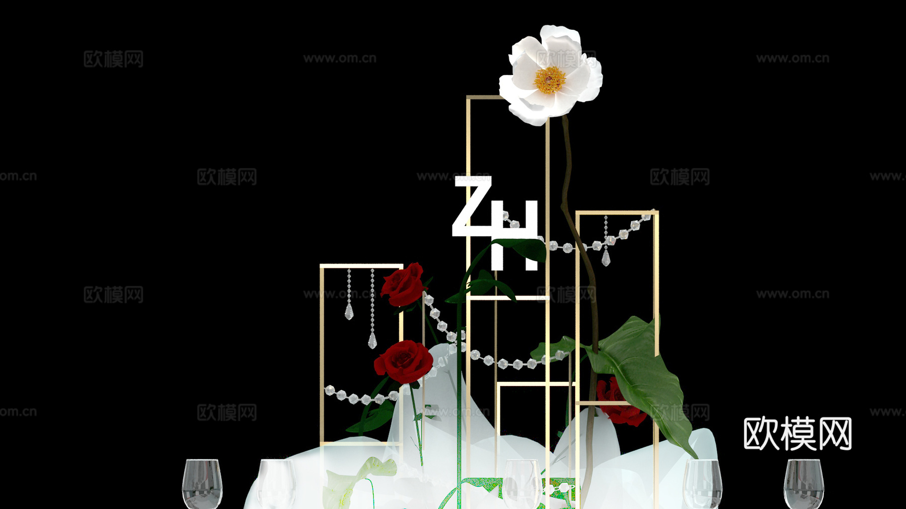 新中式餐桌 婚礼 花 草3d模型
