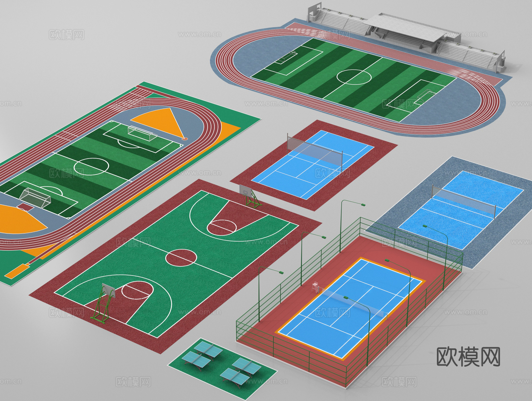 现代球场 足球场 篮球场 排球场 羽毛球场 网球场3d模型