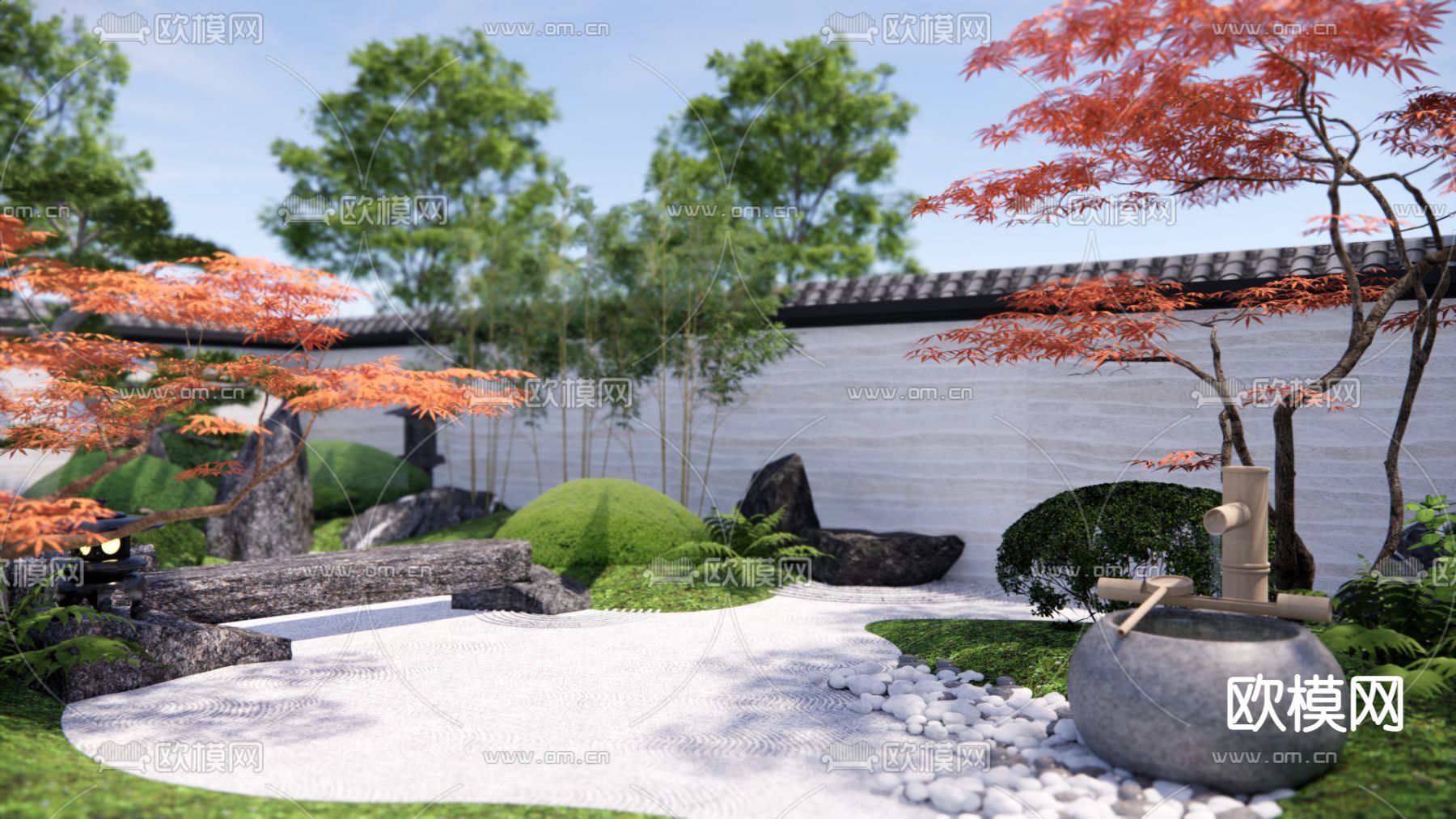 日式枯山水庭院花园su模型下载（渲染图1）