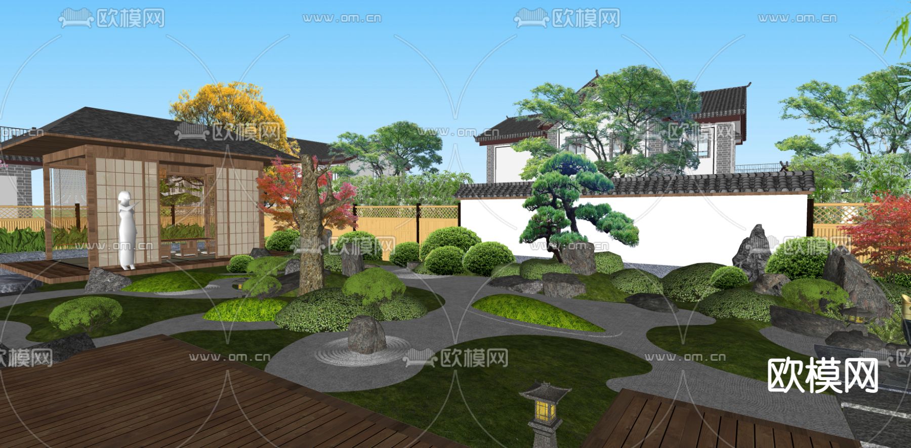 日式枯山水庭院花园su模型下载（渲染图2）