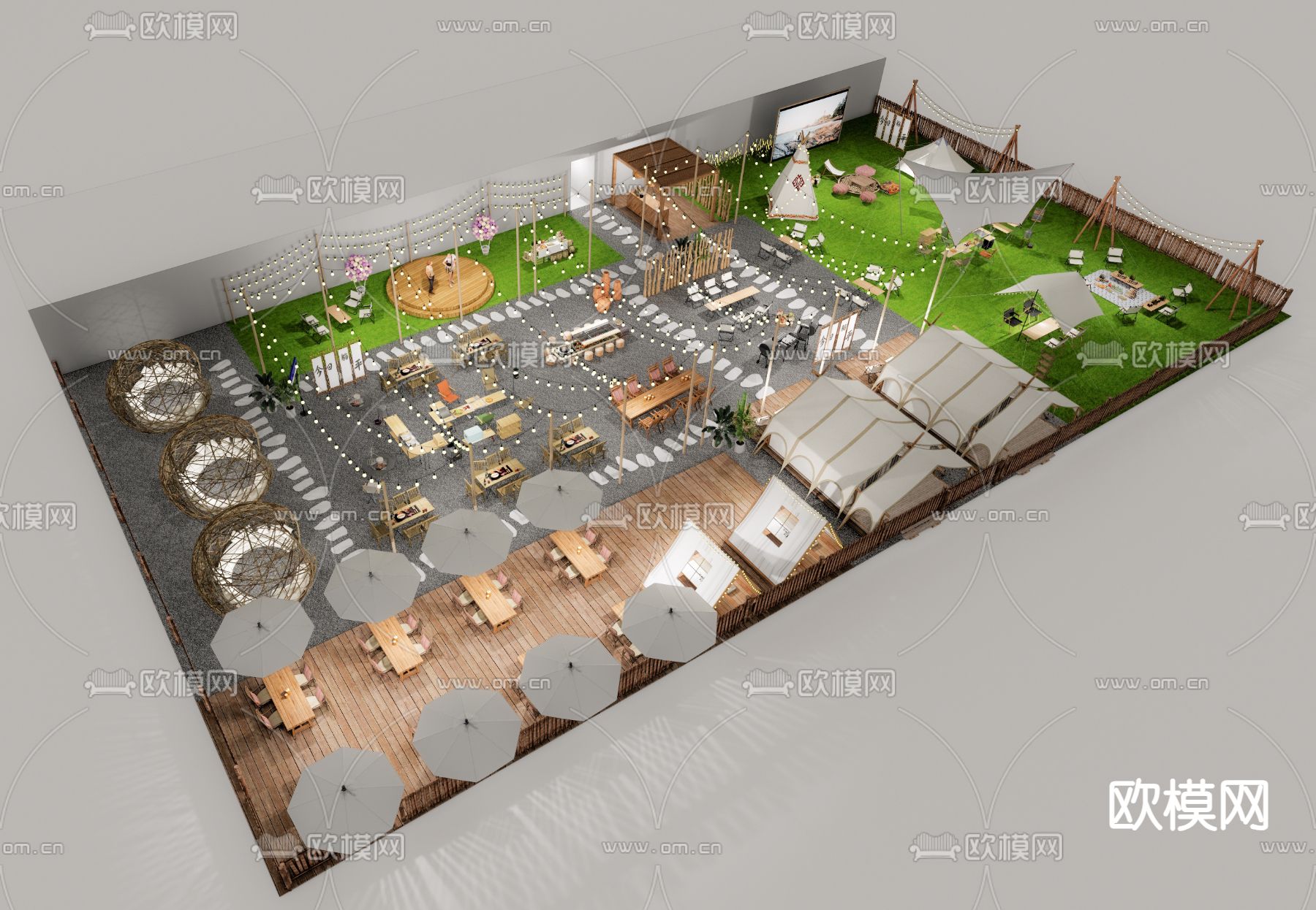 天台露营餐厅 屋顶烧烤su模型下载（渲染图1）