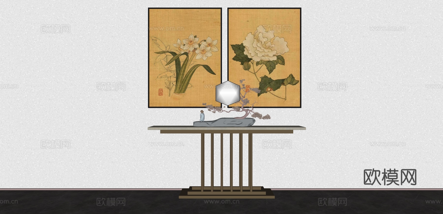 新中式玄关桌 浅木铜架 灰陶盆景 佛像 双幅挂画su模型