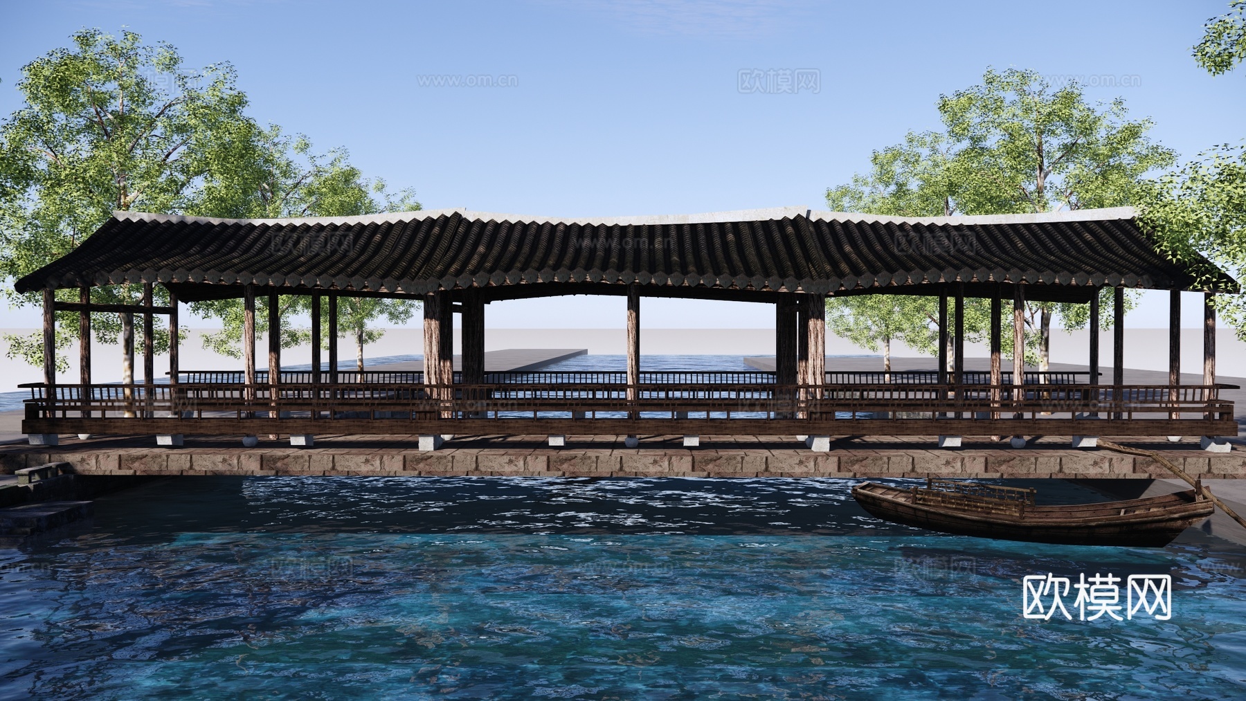 中式滨水河道景观 古朴廊桥 风雨廊桥 景观桥 风雨廊桥su模型