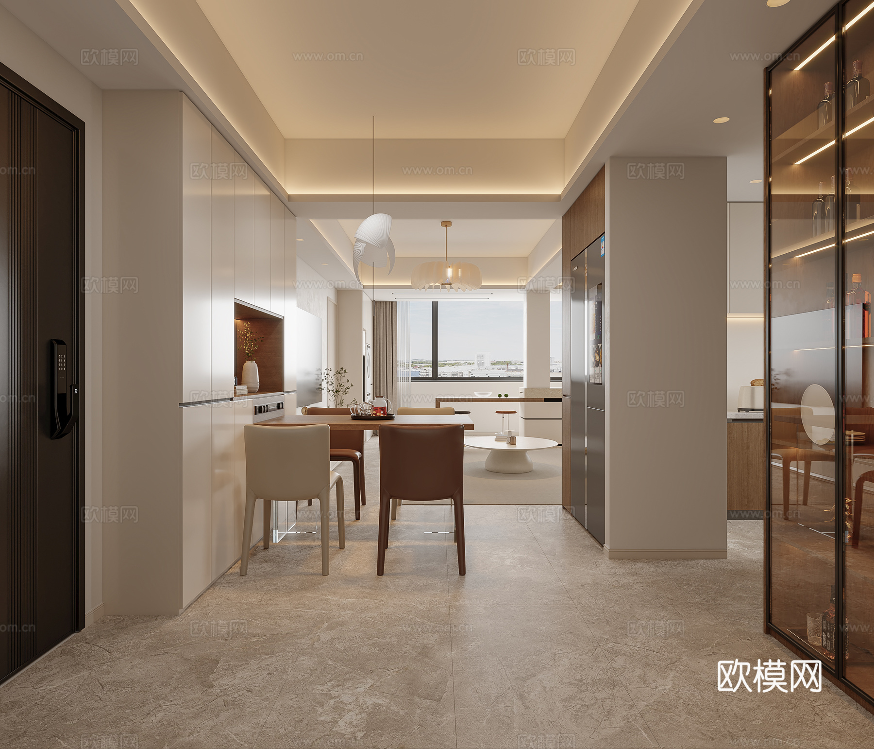 现代奶油风客餐厅3d模型